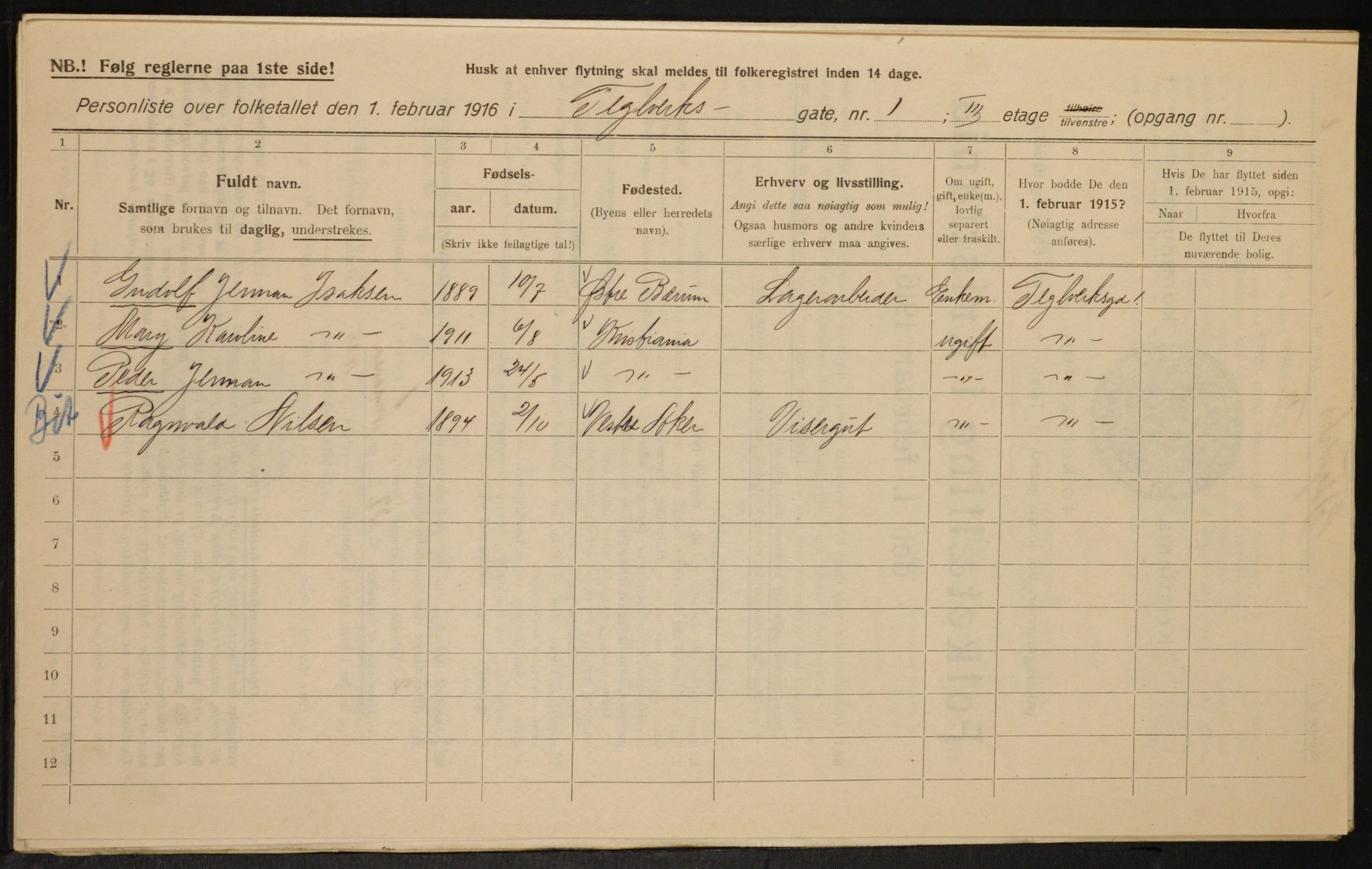 OBA, Municipal Census 1916 for Kristiania, 1916, p. 110343