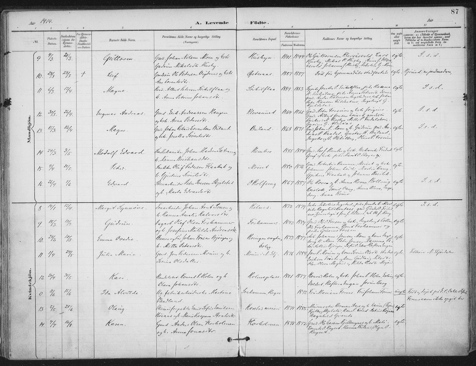 Ministerialprotokoller, klokkerbøker og fødselsregistre - Nord-Trøndelag, SAT/A-1458/703/L0031: Parish register (official) no. 703A04, 1893-1914, p. 87