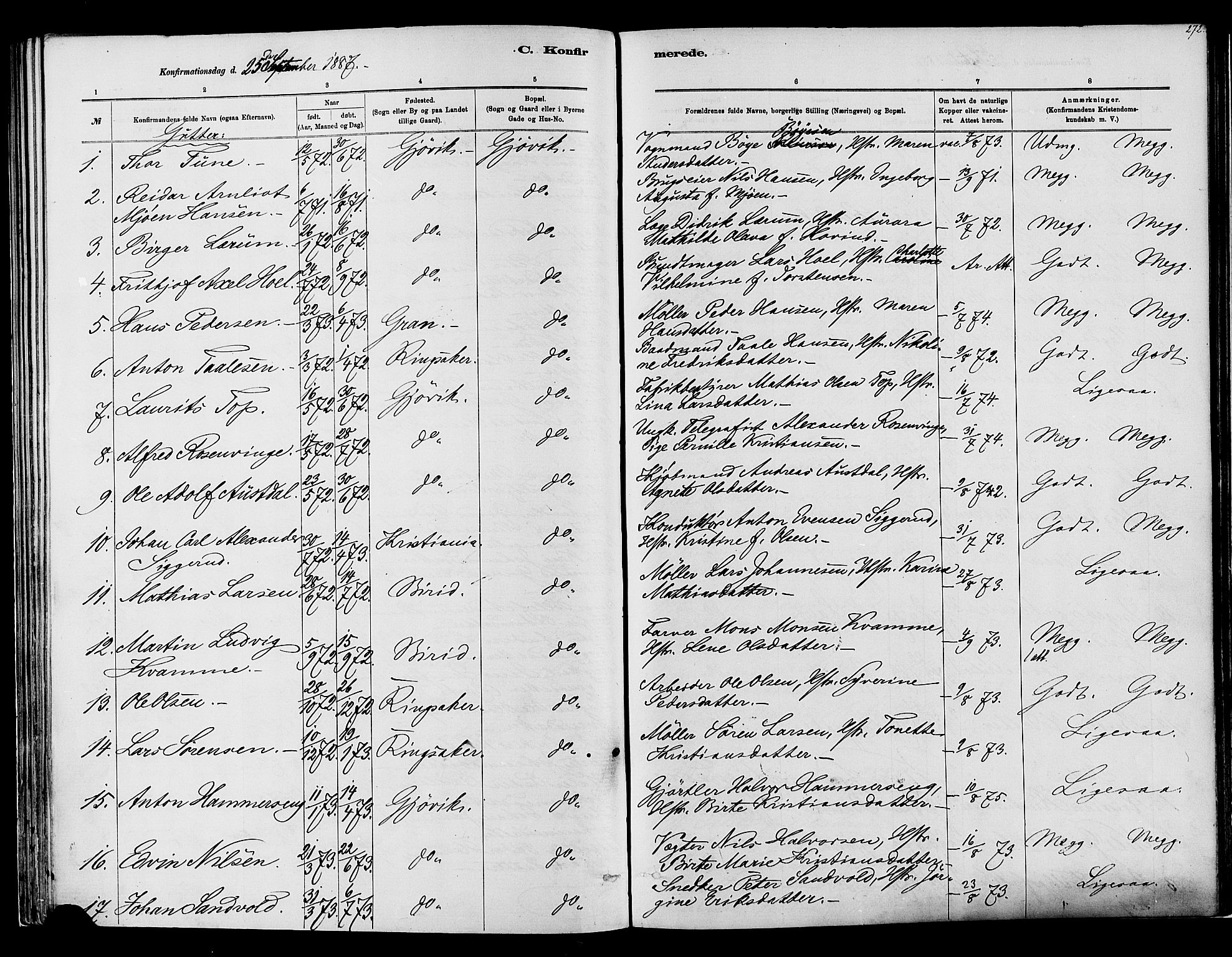 Vardal prestekontor, SAH/PREST-100/H/Ha/Haa/L0008: Parish register (official) no. 8, 1878-1890, p. 272