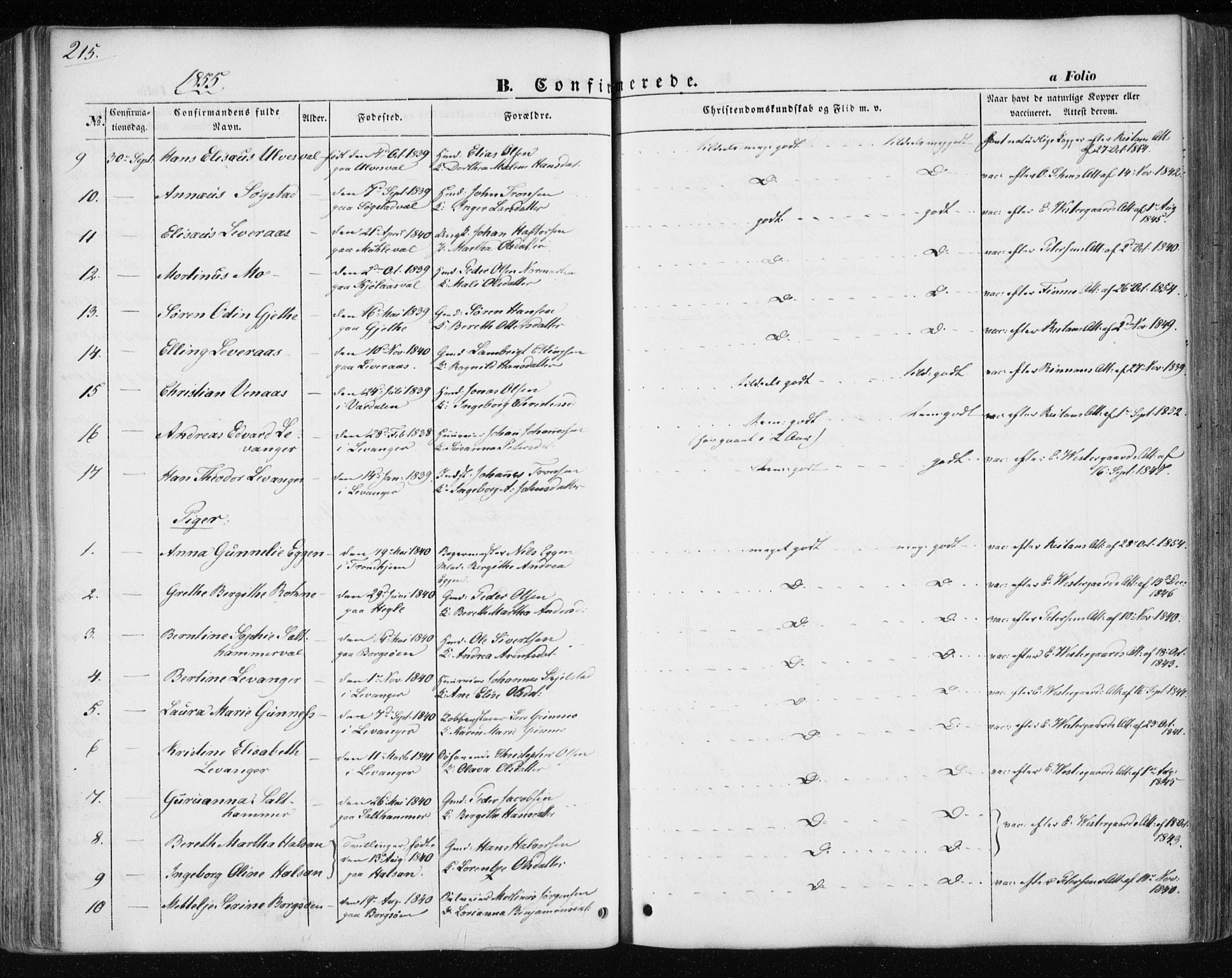 Ministerialprotokoller, klokkerbøker og fødselsregistre - Nord-Trøndelag, AV/SAT-A-1458/717/L0154: Parish register (official) no. 717A07 /1, 1850-1862, p. 215