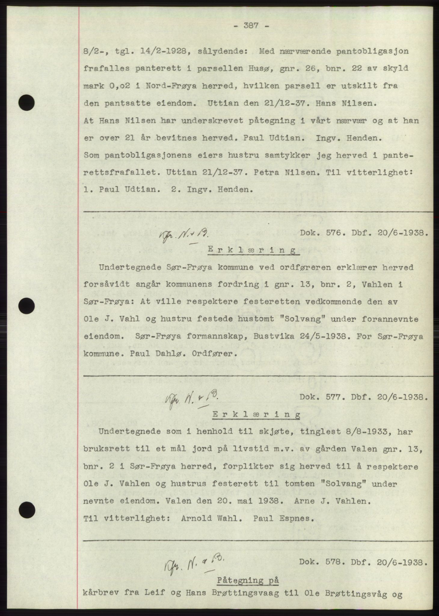 Hitra sorenskriveri, AV/SAT-A-0018/2/2C/2Ca: Mortgage book no. C1, 1936-1945, Diary no: : 576/1938