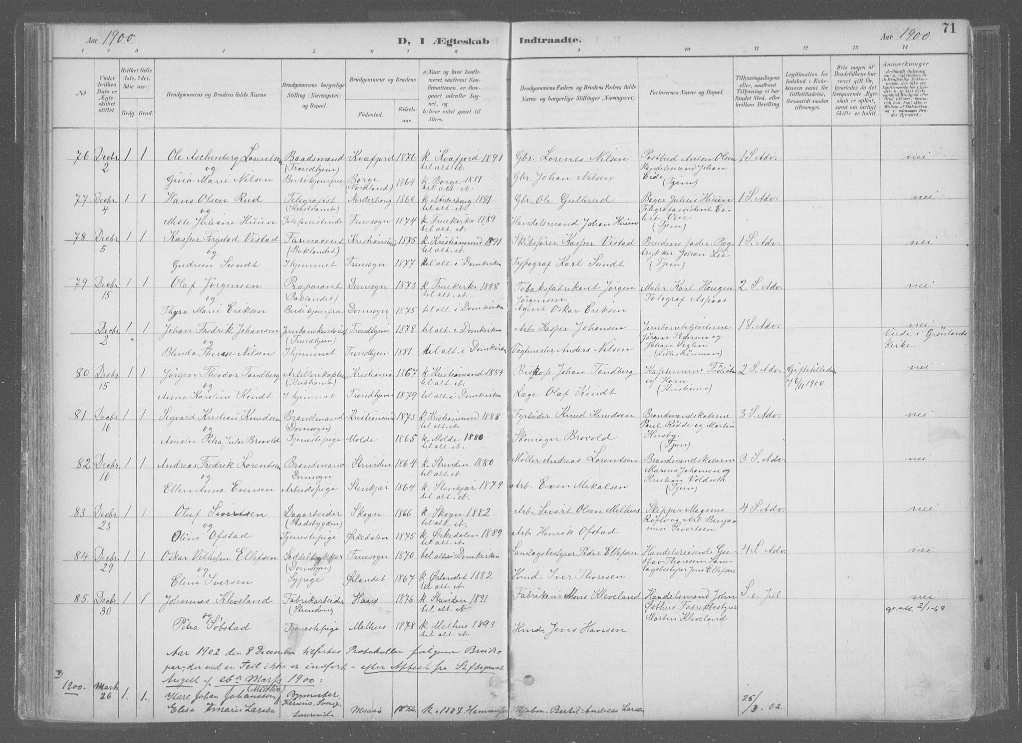 Ministerialprotokoller, klokkerbøker og fødselsregistre - Sør-Trøndelag, SAT/A-1456/601/L0064: Parish register (official) no. 601A31, 1891-1911, p. 71
