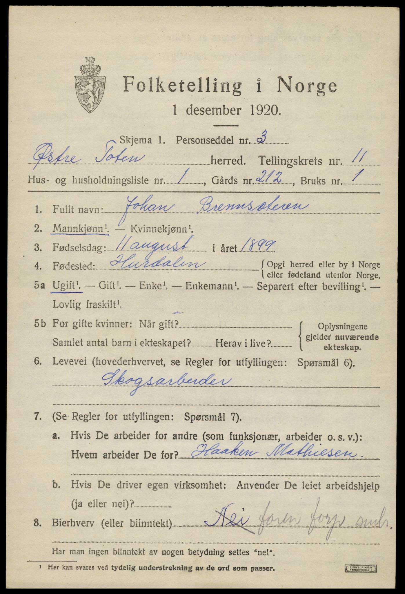 SAH, 1920 census for Østre Toten, 1920, p. 22052