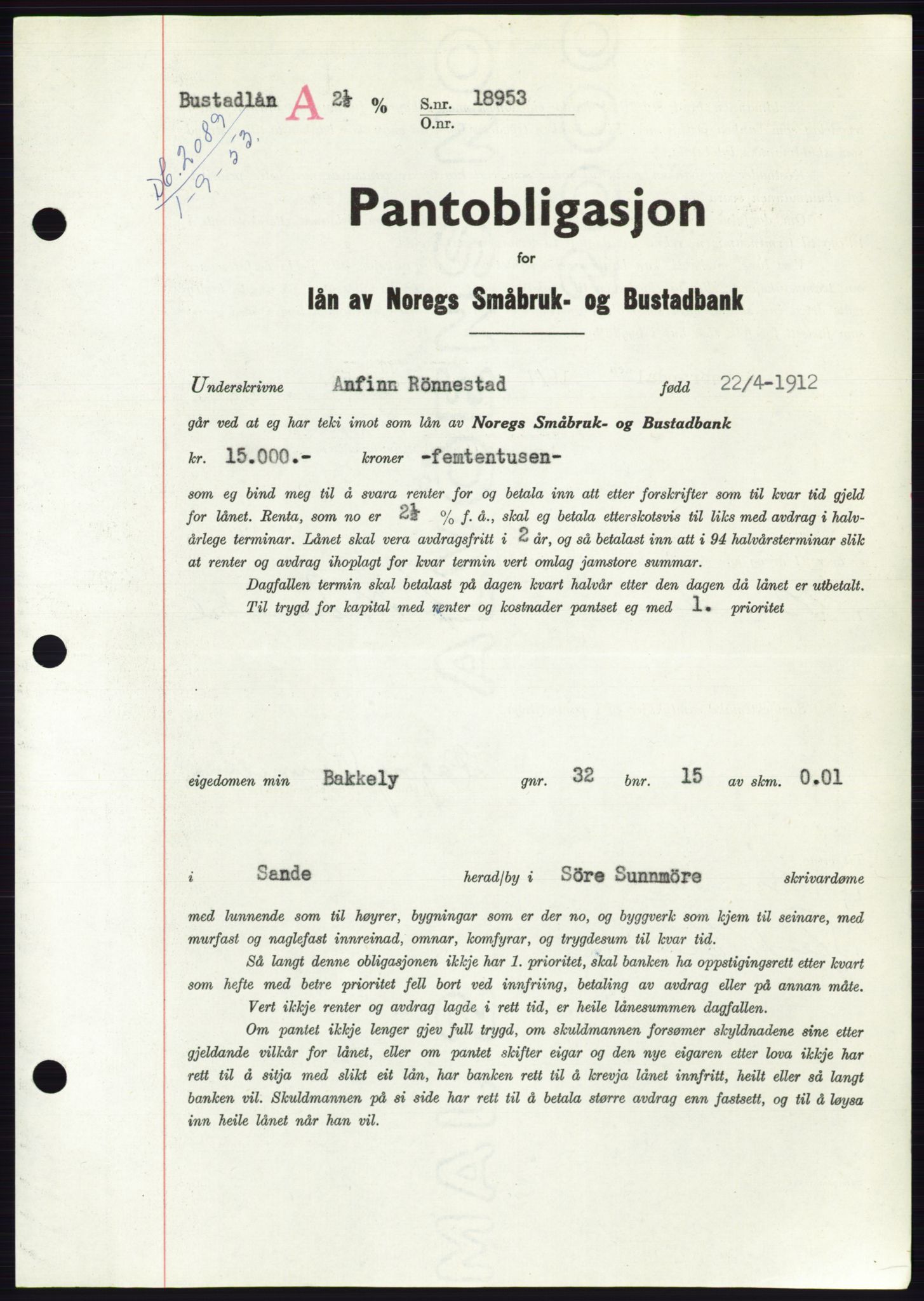 Søre Sunnmøre sorenskriveri, AV/SAT-A-4122/1/2/2C/L0123: Mortgage book no. 11B, 1953-1953, Diary no: : 2089/1953