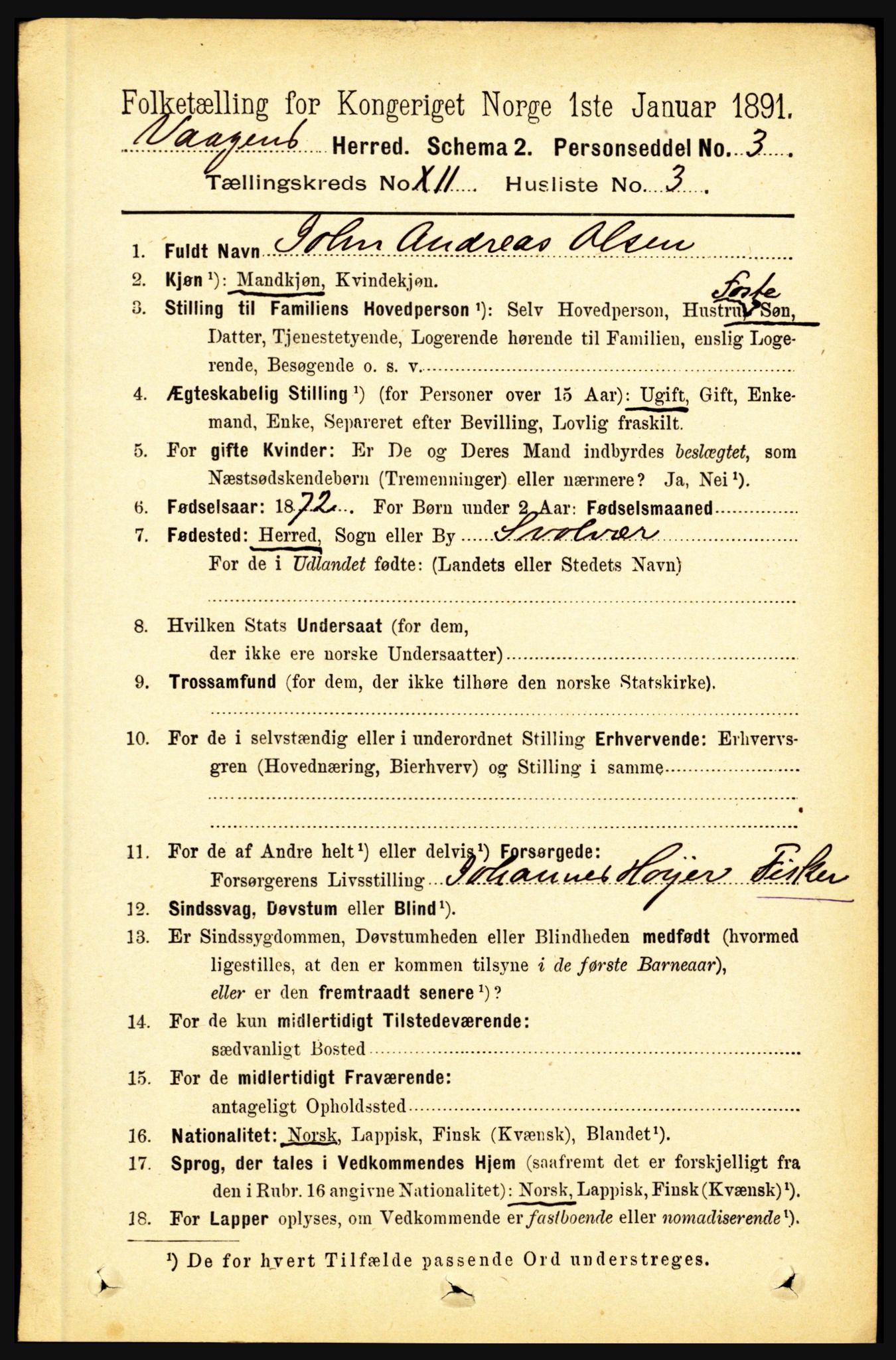 RA, 1891 census for 1865 Vågan, 1891, p. 2912