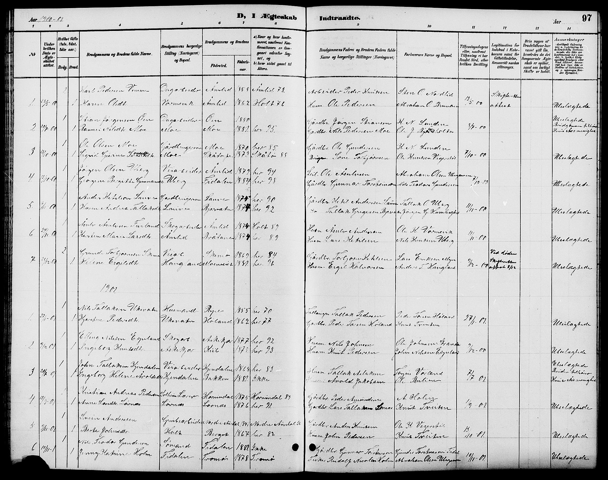 Gjerstad sokneprestkontor, AV/SAK-1111-0014/F/Fb/Fbb/L0004: Parish register (copy) no. B 4, 1890-1910, p. 97