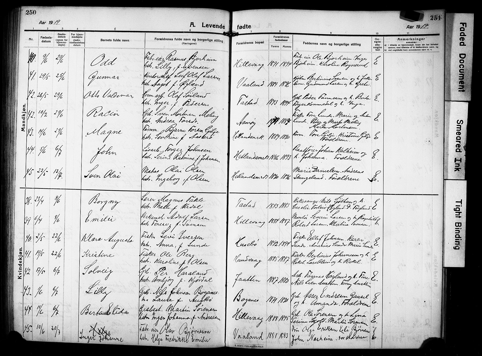 Hetland sokneprestkontor, AV/SAST-A-101826/30/30BB/L0008: Parish register (copy) no. B 8, 1910-1921, p. 250-251