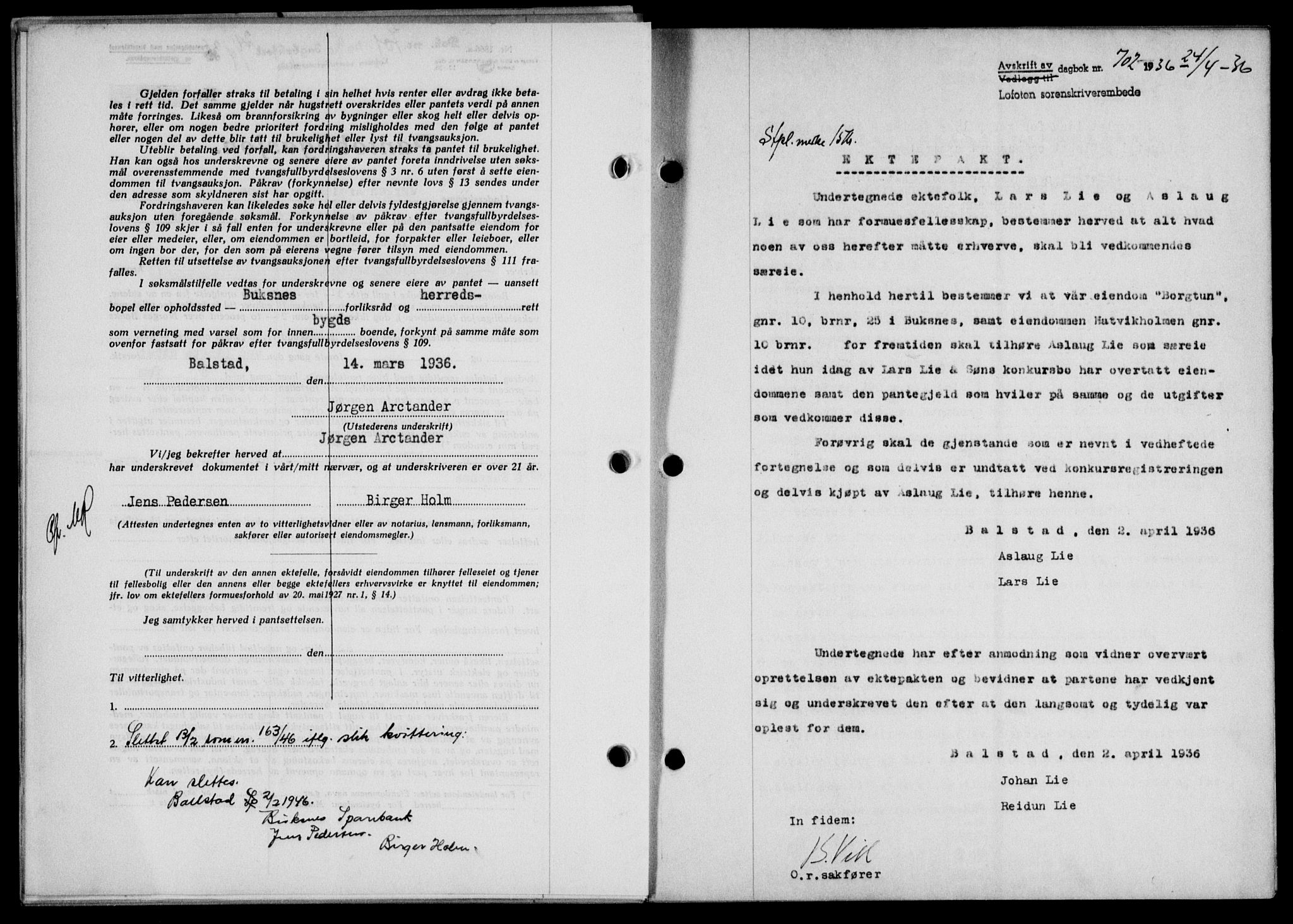 Lofoten sorenskriveri, SAT/A-0017/1/2/2C/L0033b: Mortgage book no. 33b, 1936-1936, Diary no: : 702/1936
