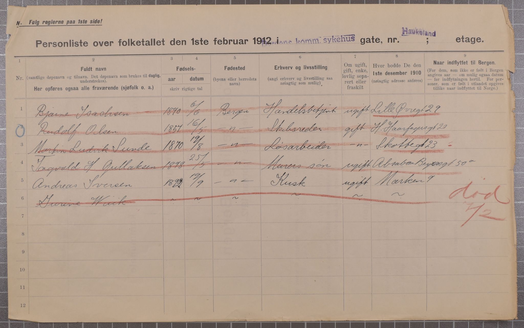 SAB, Municipal Census 1912 for Bergen, 1912, p. 1873