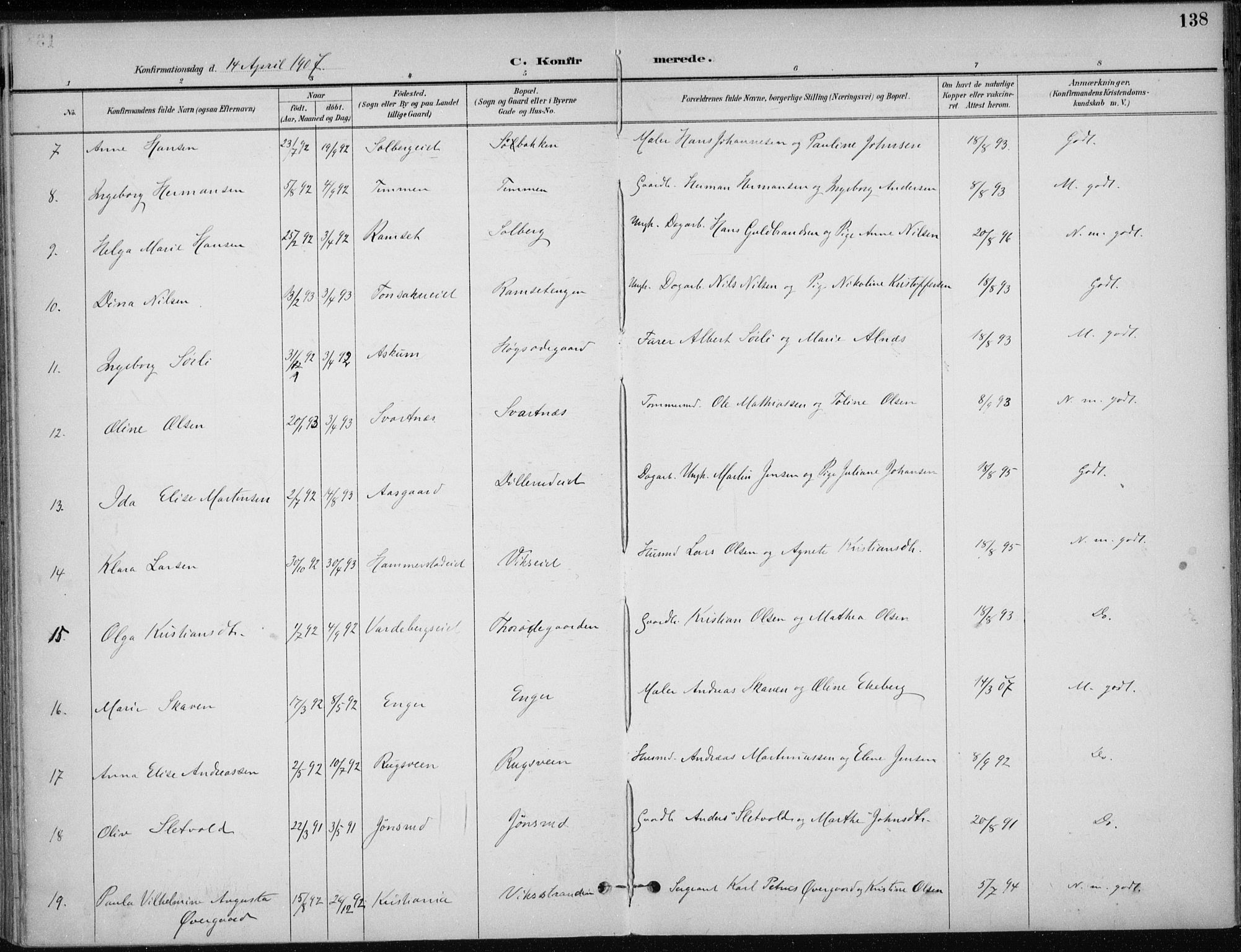 Stange prestekontor, AV/SAH-PREST-002/K/L0023: Parish register (official) no. 23, 1897-1920, p. 138