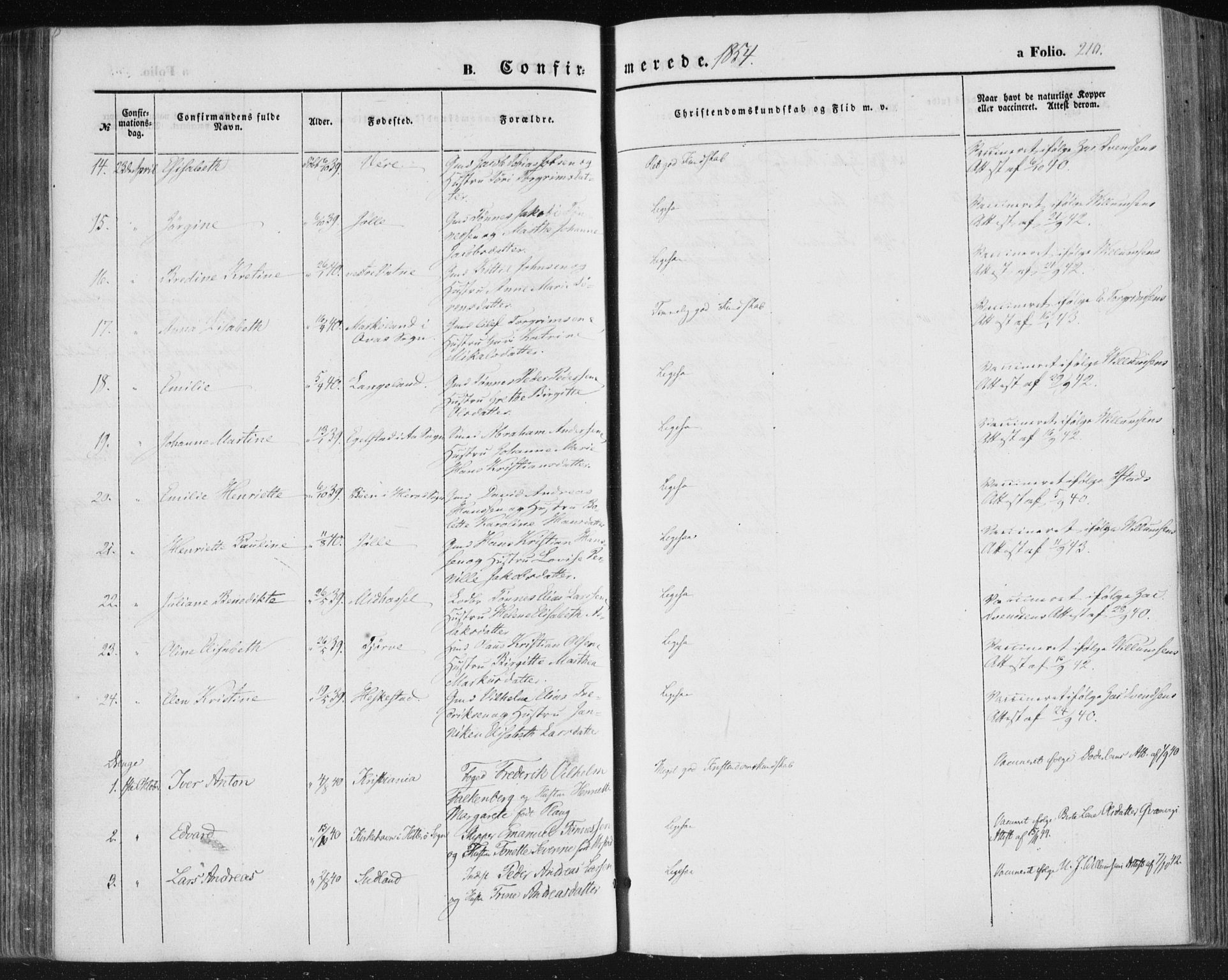 Lista sokneprestkontor, AV/SAK-1111-0027/F/Fa/L0010: Parish register (official) no. A 10, 1846-1861, p. 210