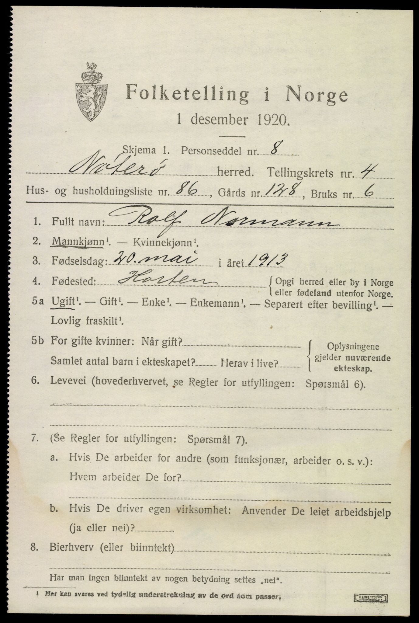 SAKO, 1920 census for Nøtterøy, 1920, p. 7565