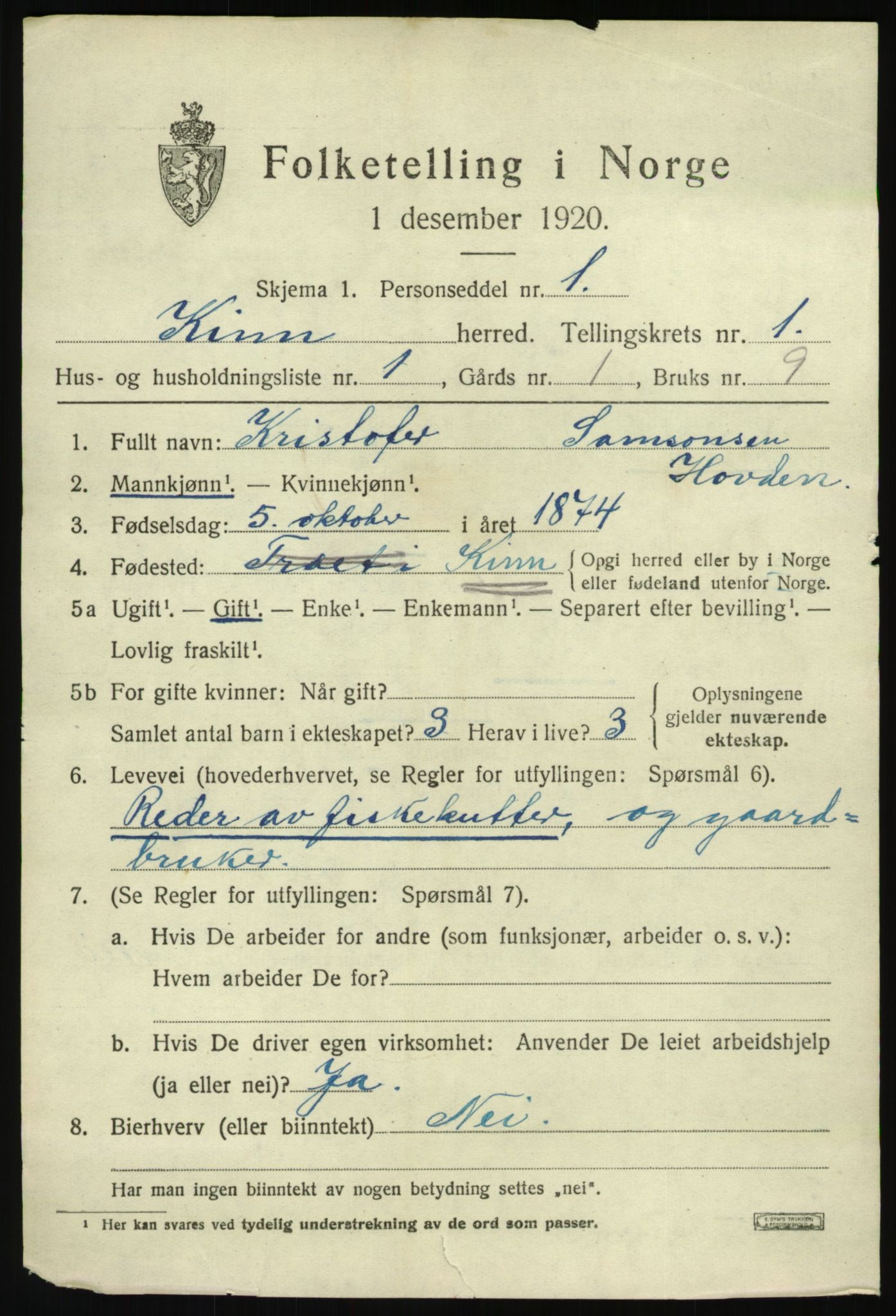 SAB, 1920 census for Kinn, 1920, p. 1801