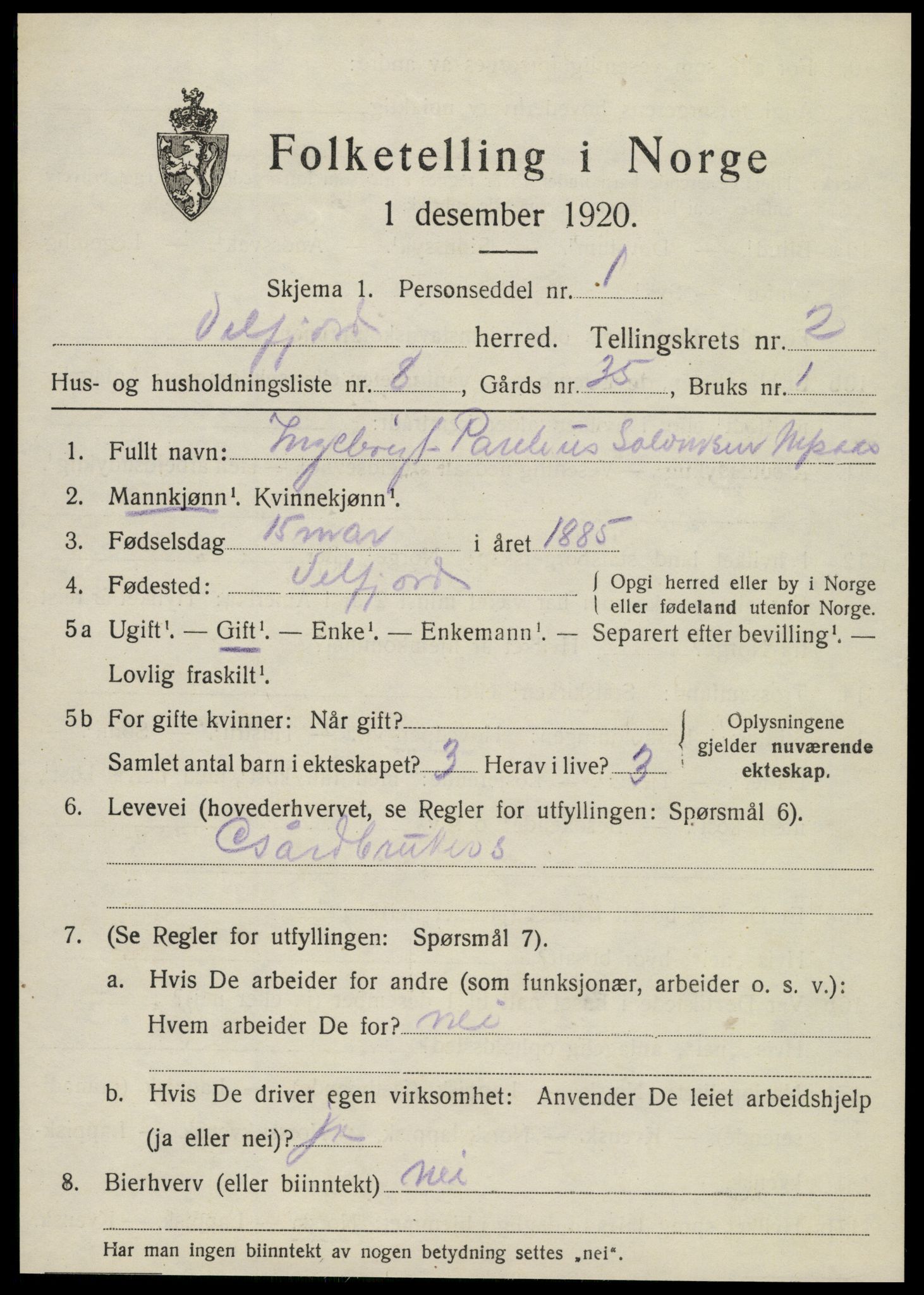 SAT, 1920 census for Velfjord, 1920, p. 1271