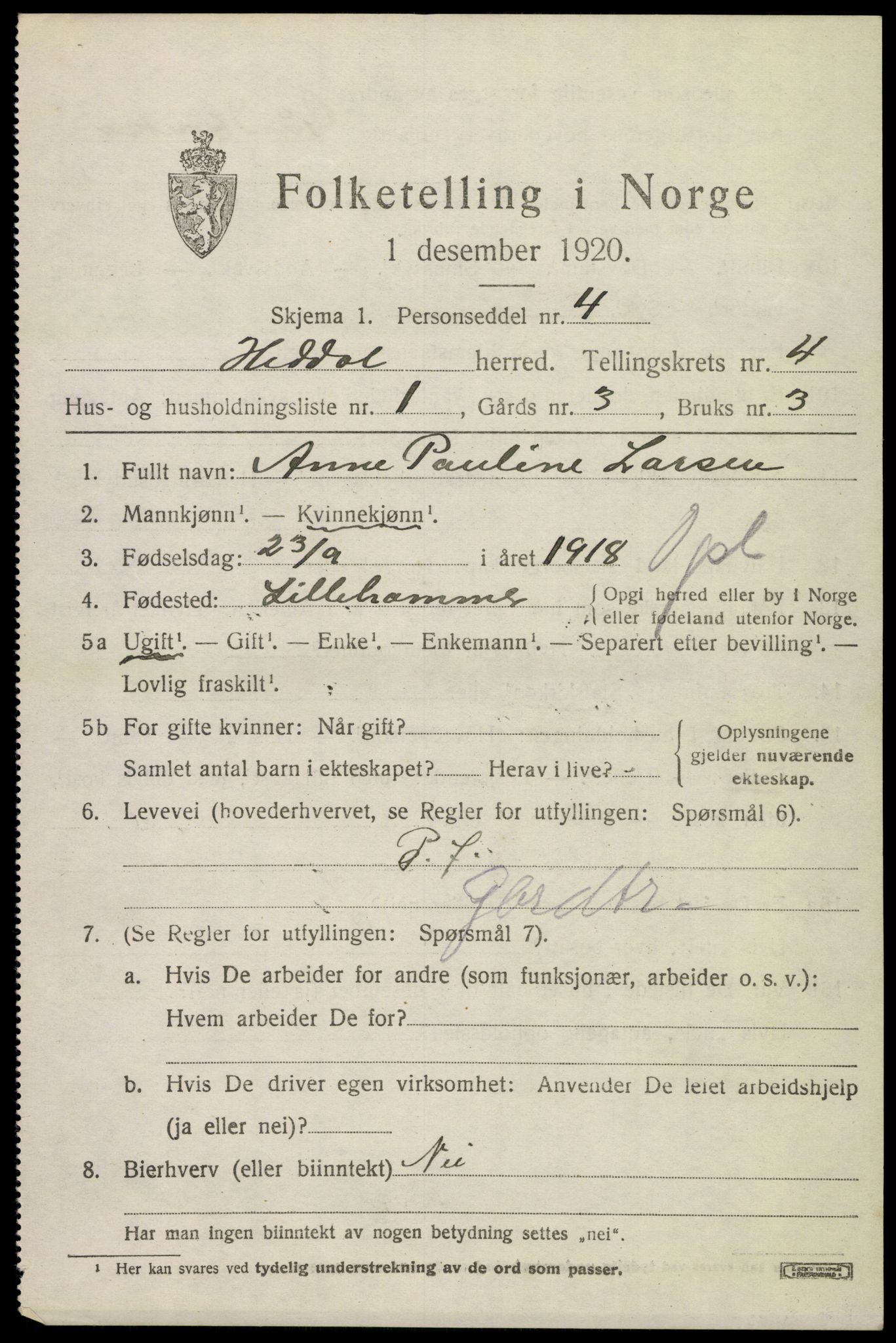 SAKO, 1920 census for Heddal, 1920, p. 4454