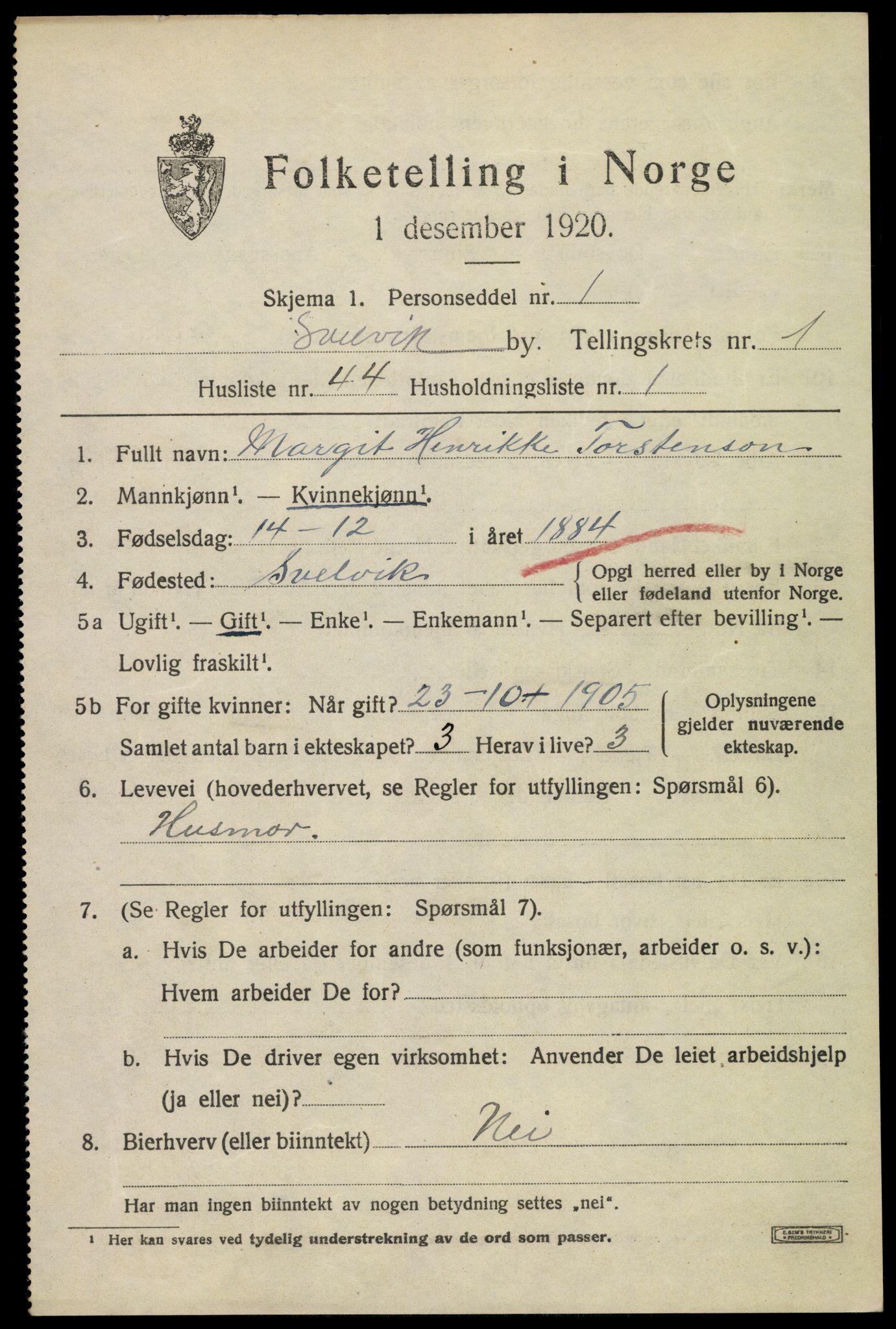 SAKO, 1920 census for Svelvik, 1920, p. 1647