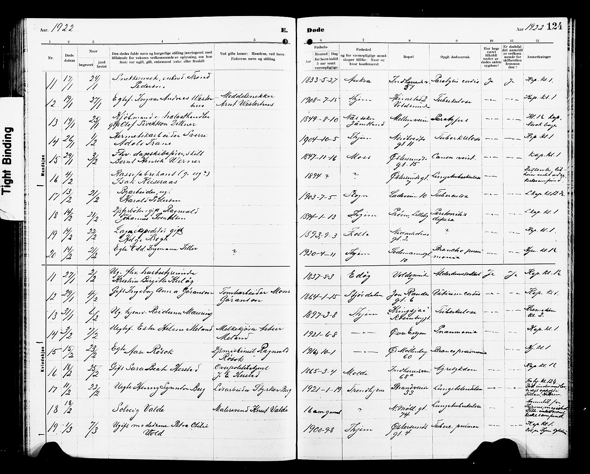 Ministerialprotokoller, klokkerbøker og fødselsregistre - Sør-Trøndelag, SAT/A-1456/605/L0257: Parish register (copy) no. 605C04, 1916-1922, p. 124