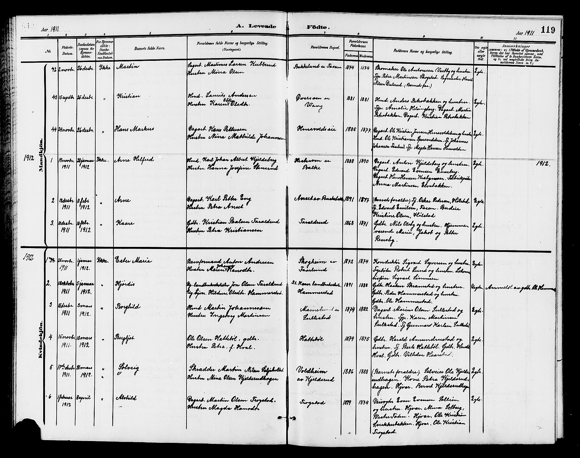 Østre Toten prestekontor, SAH/PREST-104/H/Ha/Hab/L0007: Parish register (copy) no. 7, 1901-1912, p. 119