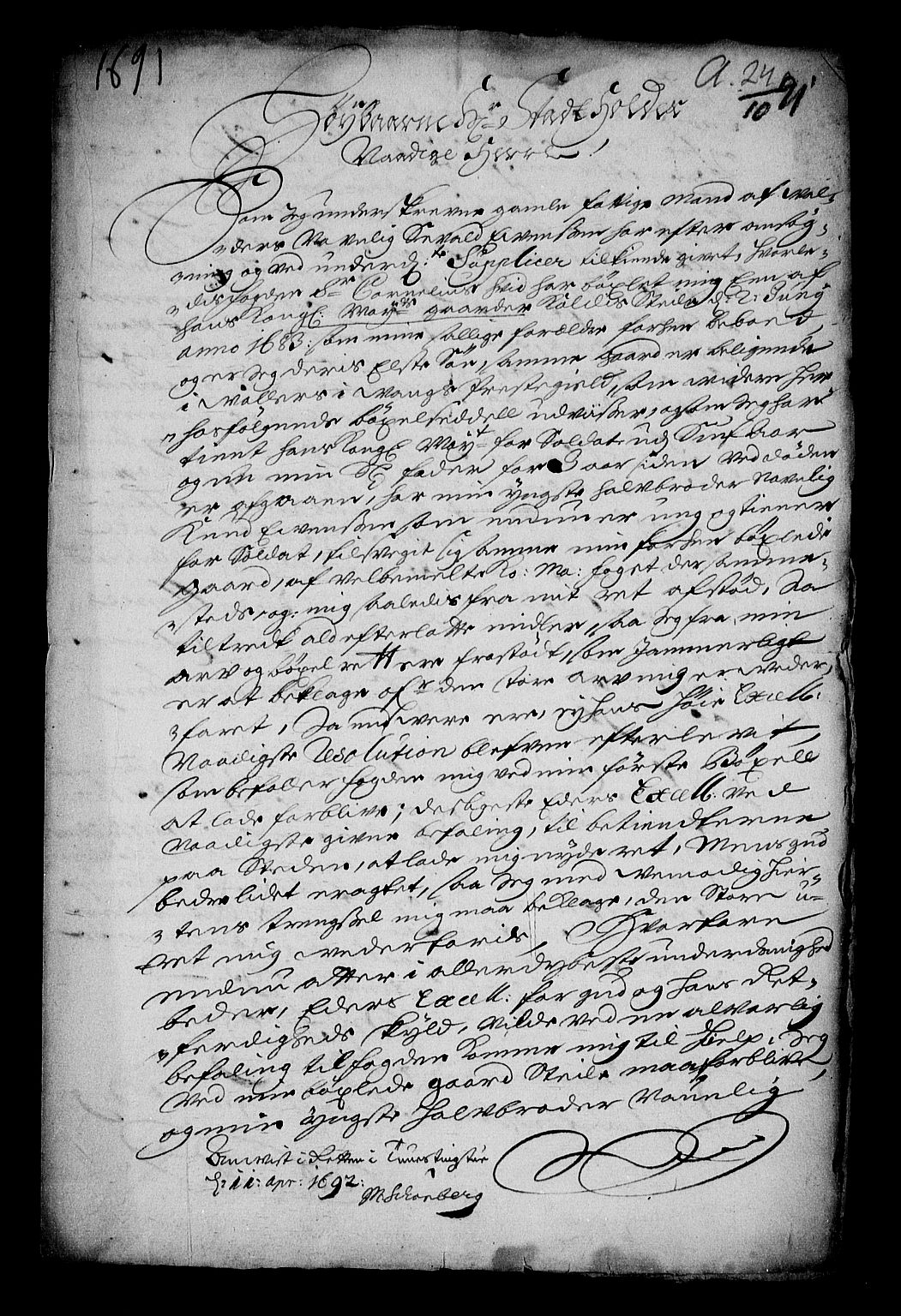 Stattholderembetet 1572-1771, RA/EA-2870/Af/L0004: Avskrifter av vedlegg til originale supplikker, nummerert i samsvar med supplikkbøkene, 1691-1694, p. 237