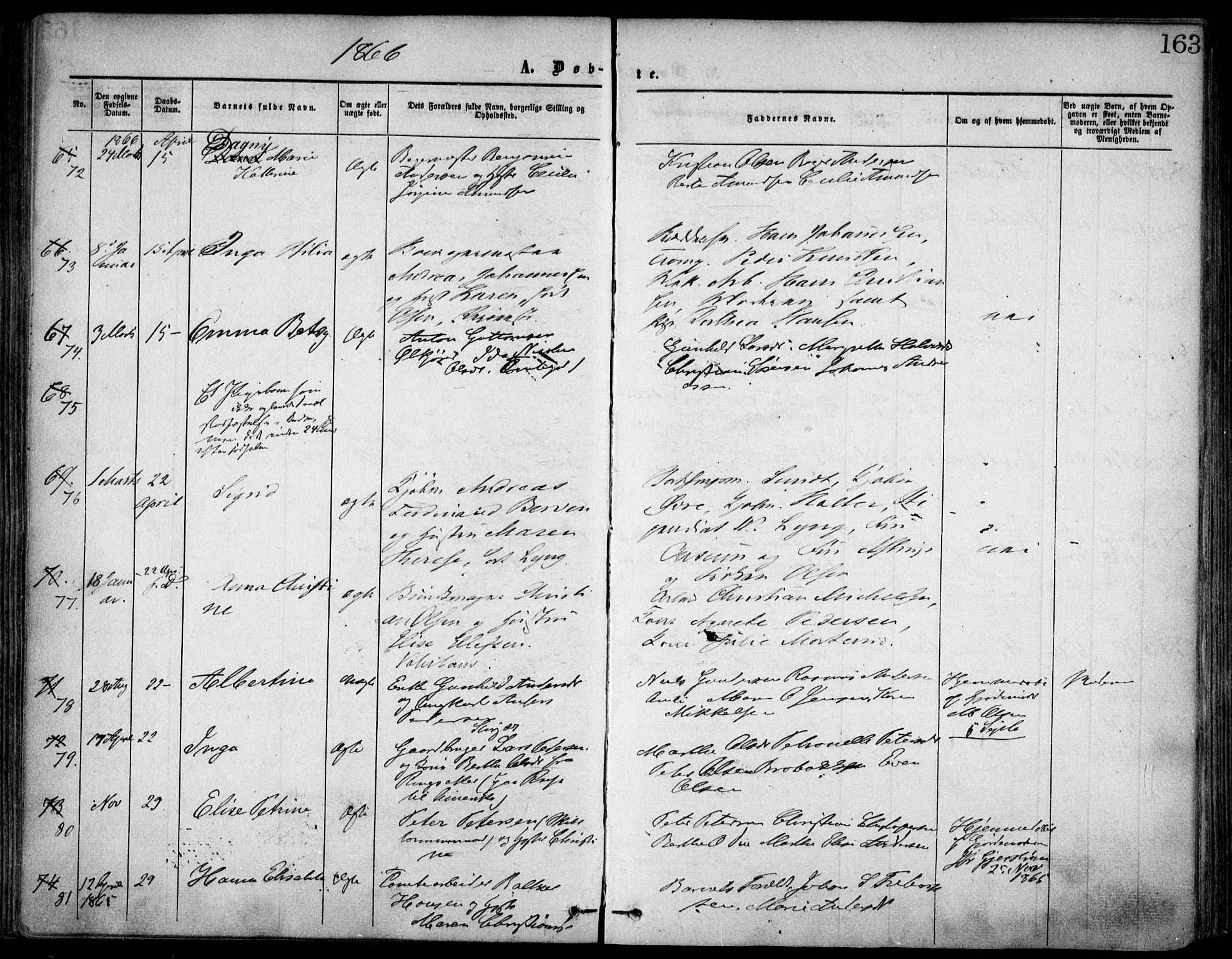 Oslo domkirke Kirkebøker, SAO/A-10752/F/Fa/L0016: Parish register (official) no. 16, 1863-1871, p. 163