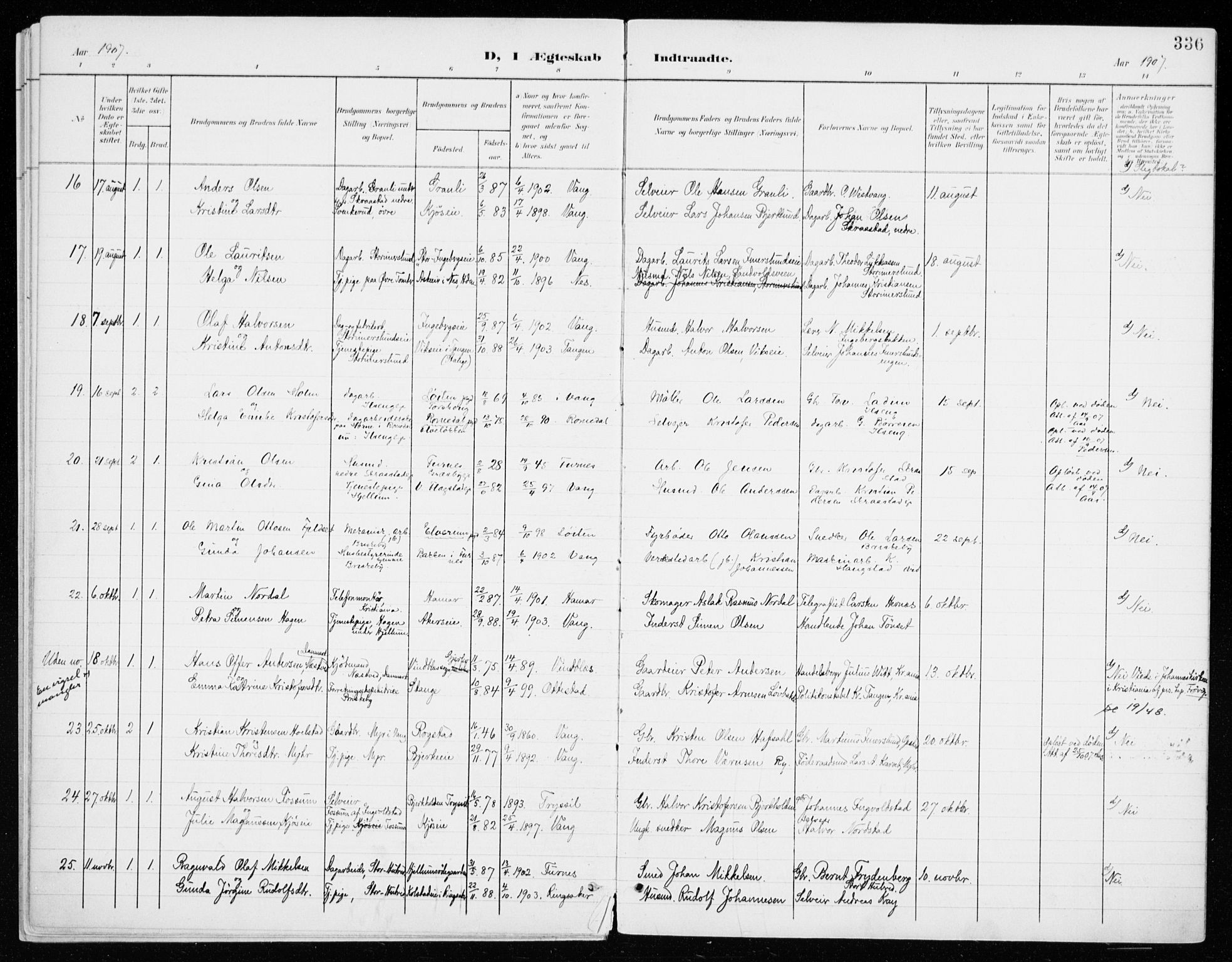 Vang prestekontor, Hedmark, AV/SAH-PREST-008/H/Ha/Haa/L0021: Parish register (official) no. 21, 1902-1917, p. 336