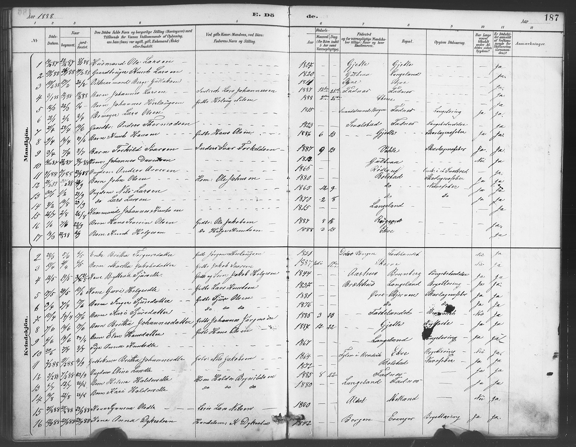 Evanger sokneprestembete, SAB/A-99924: Parish register (copy) no. A 4, 1887-1897, p. 187