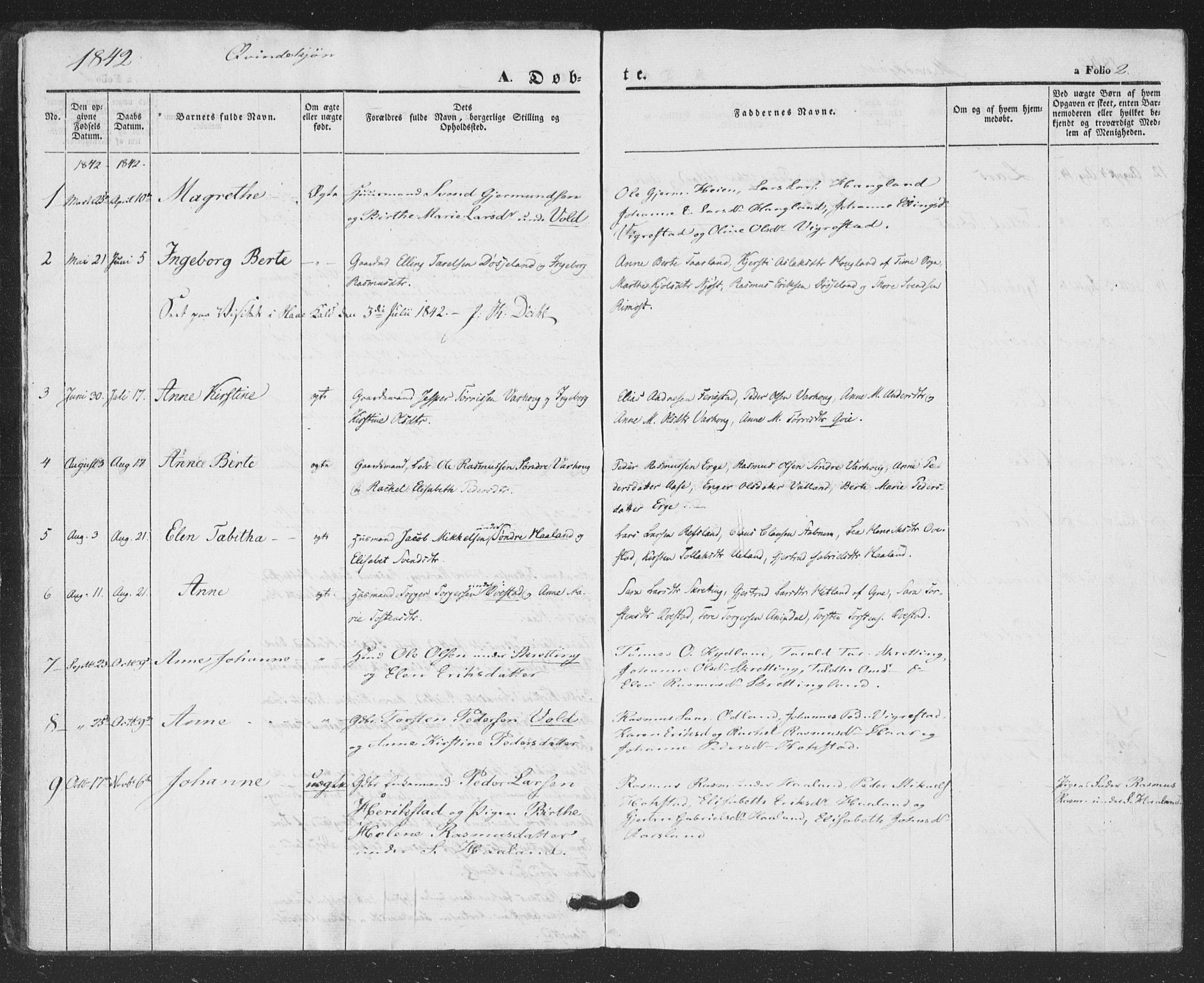 Hå sokneprestkontor, SAST/A-101801/001/30BA/L0007: Parish register (official) no. A 6, 1842-1855, p. 2