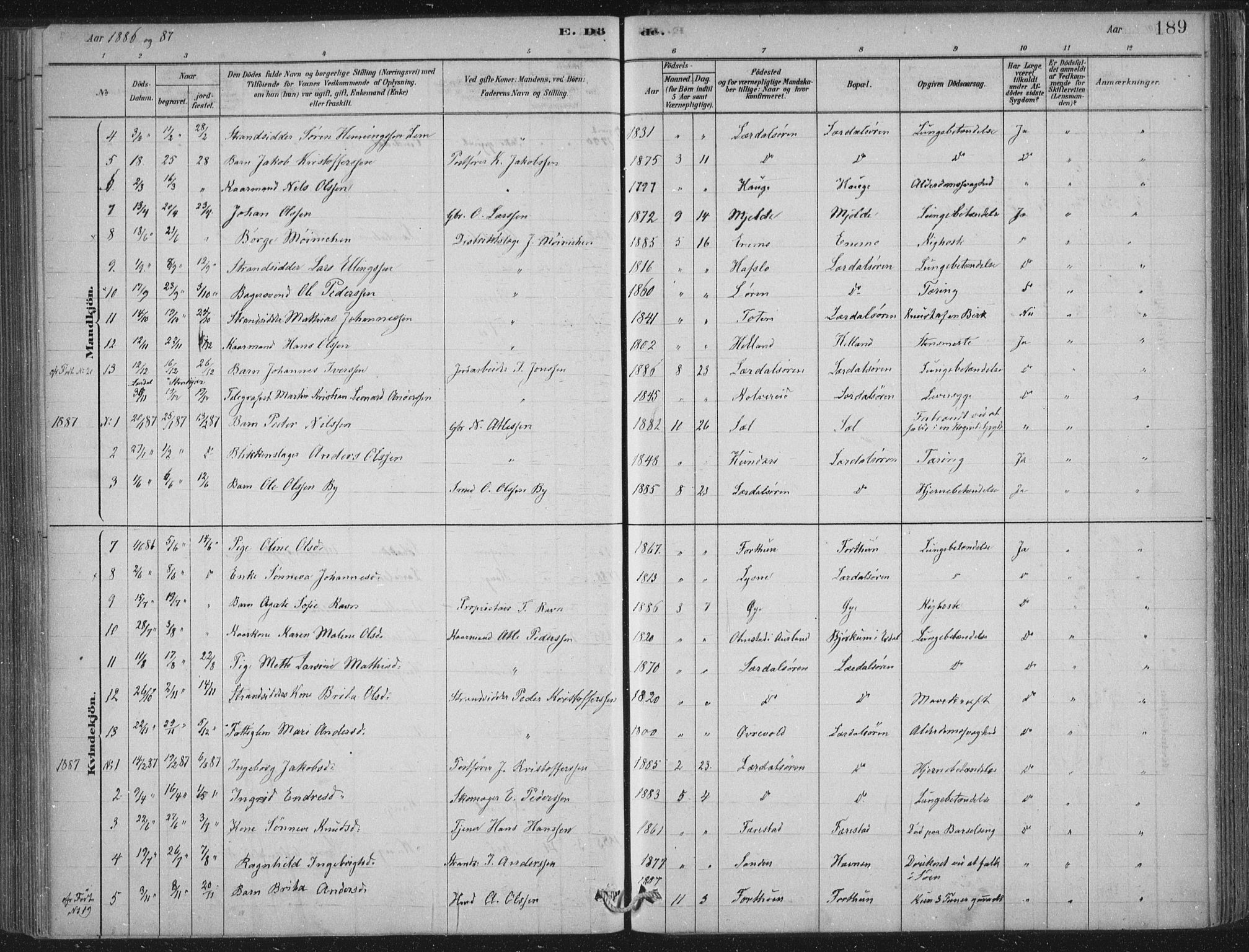 Lærdal sokneprestembete, SAB/A-81201: Parish register (official) no. D  1, 1878-1908, p. 189