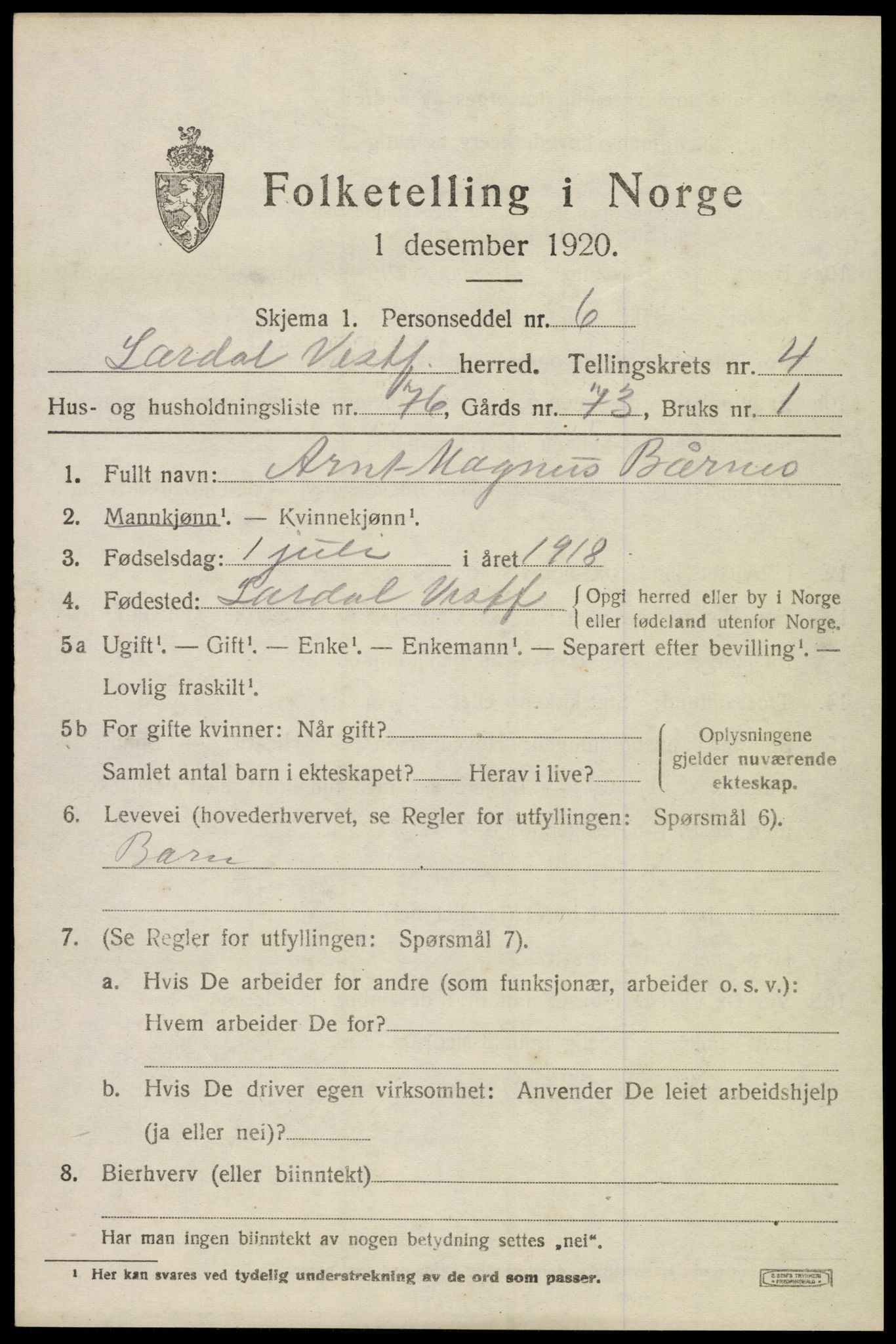 SAKO, 1920 census for Lardal, 1920, p. 4397