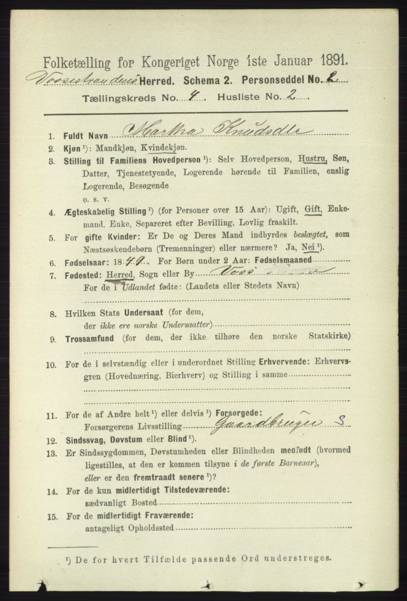 RA, 1891 census for 1236 Vossestrand, 1891, p. 1534