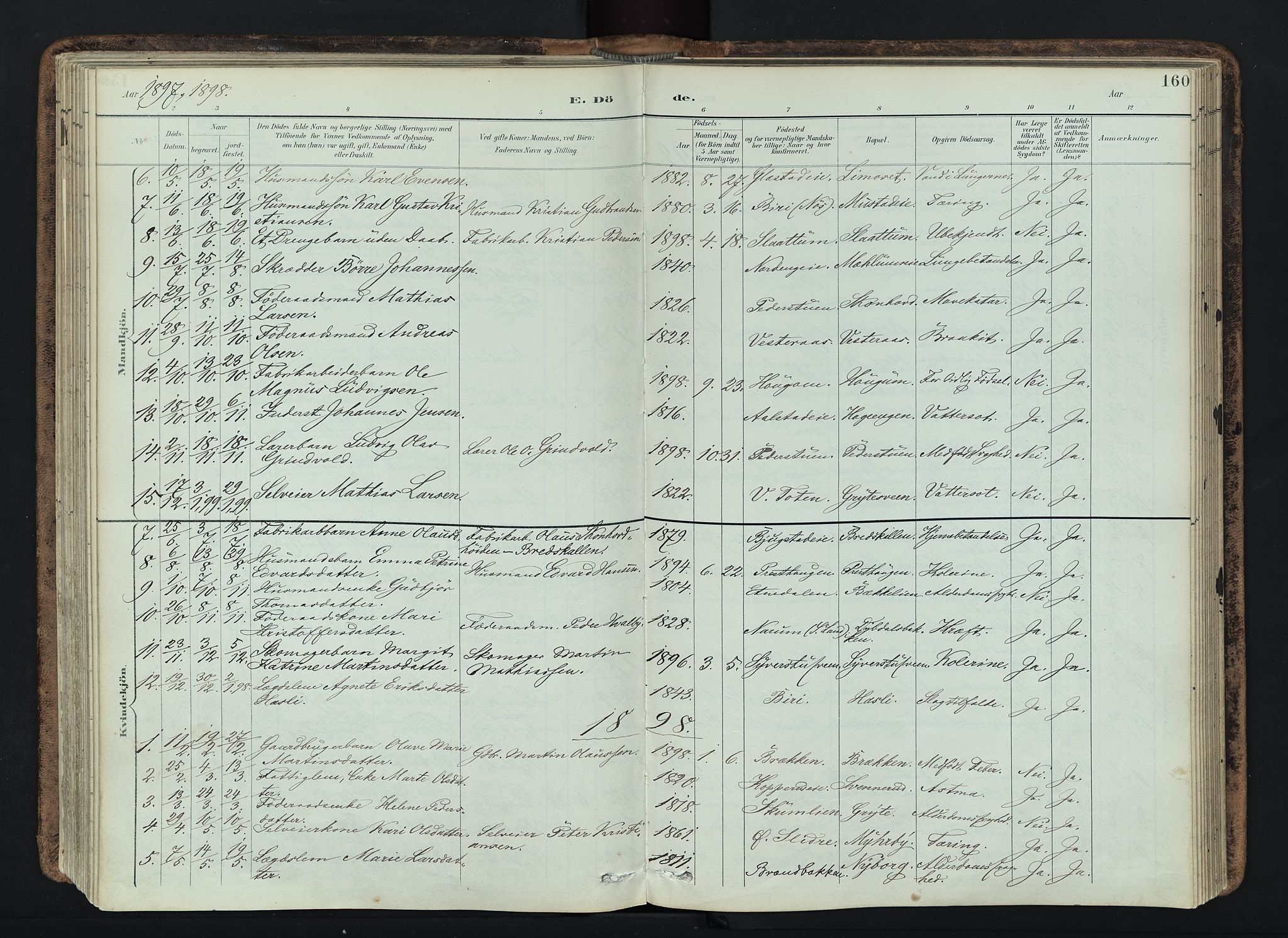Vardal prestekontor, SAH/PREST-100/H/Ha/Haa/L0019: Parish register (official) no. 19, 1893-1907, p. 160