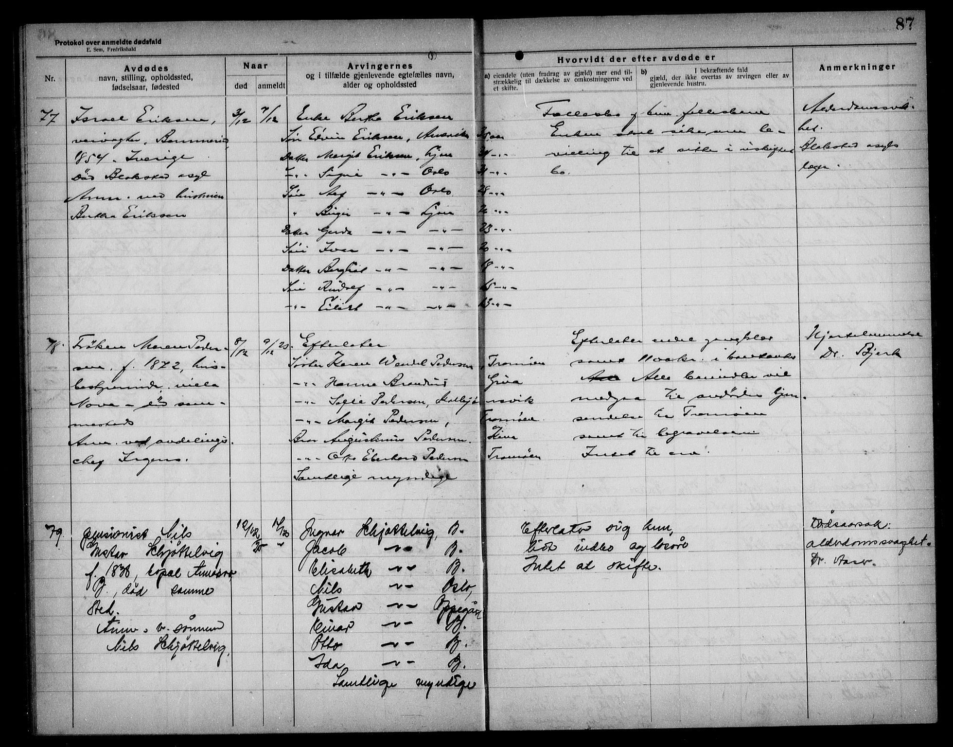 Aker kriminaldommer, skifte- og auksjonsforvalterembete, AV/SAO-A-10452/H/Hb/Hba/Hbad/L0001: Dødsfallsprotokoll for Nordstrand, 1922-1929, p. 87