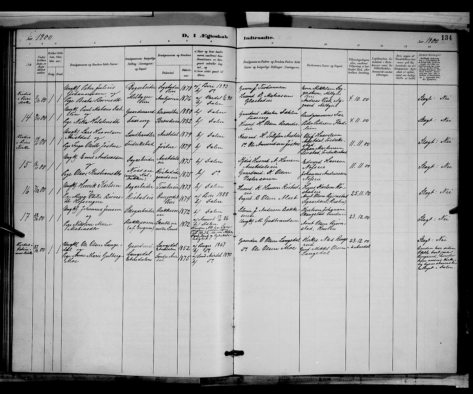 Biri prestekontor, SAH/PREST-096/H/Ha/Hab/L0003: Parish register (copy) no. 3, 1892-1905, p. 134