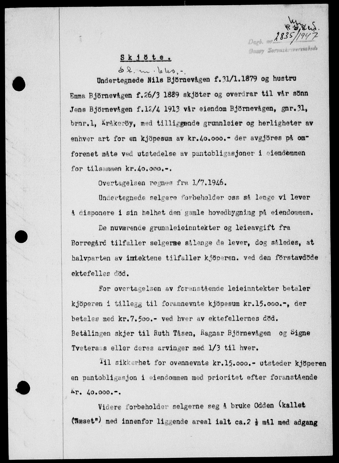 Onsøy sorenskriveri, SAO/A-10474/G/Ga/Gab/L0021: Mortgage book no. II A-21, 1947-1947, Diary no: : 2835/1947