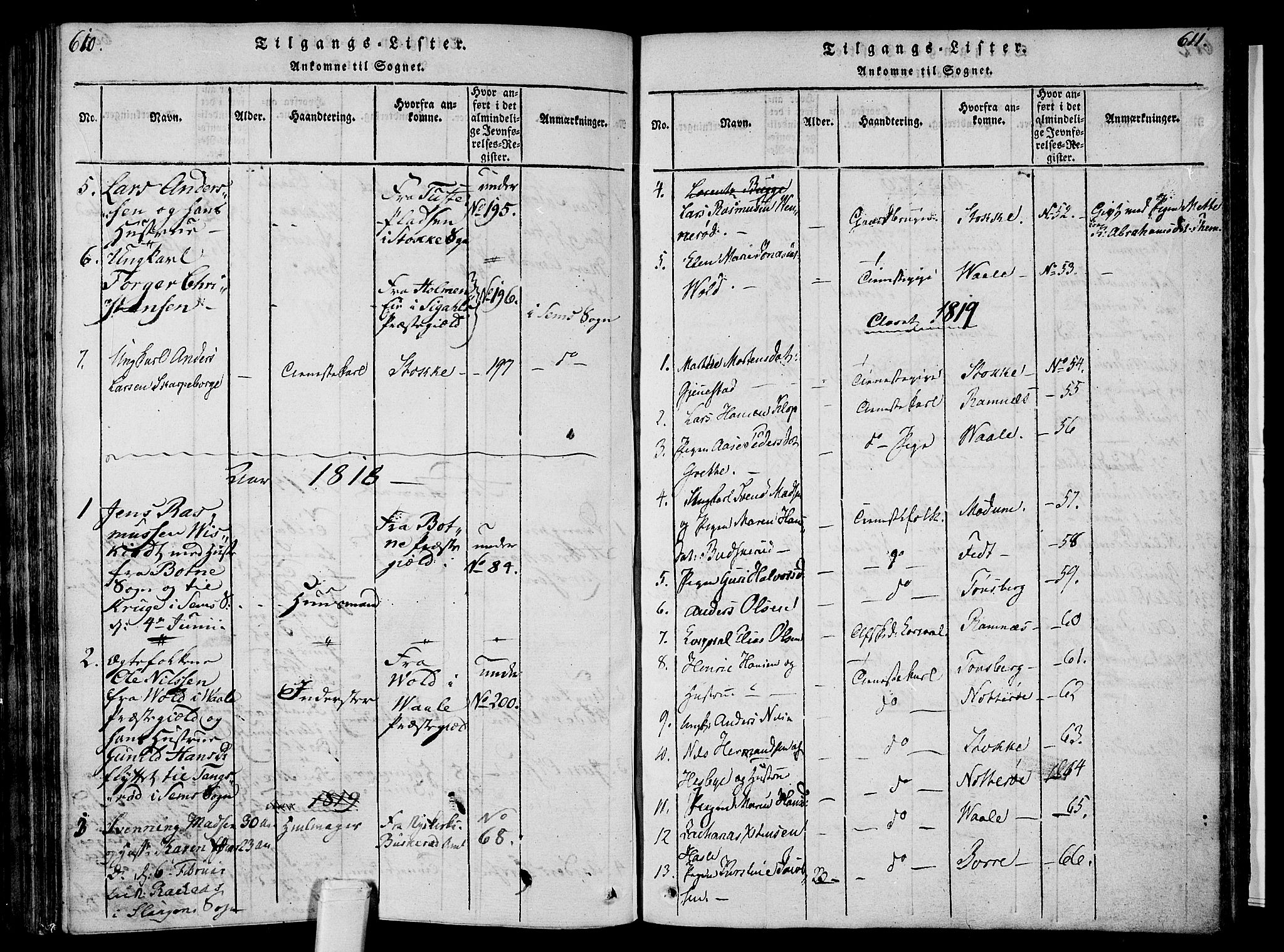 Sem kirkebøker, SAKO/A-5/F/Fa/L0004: Parish register (official) no. I 4, 1814-1825, p. 610-611