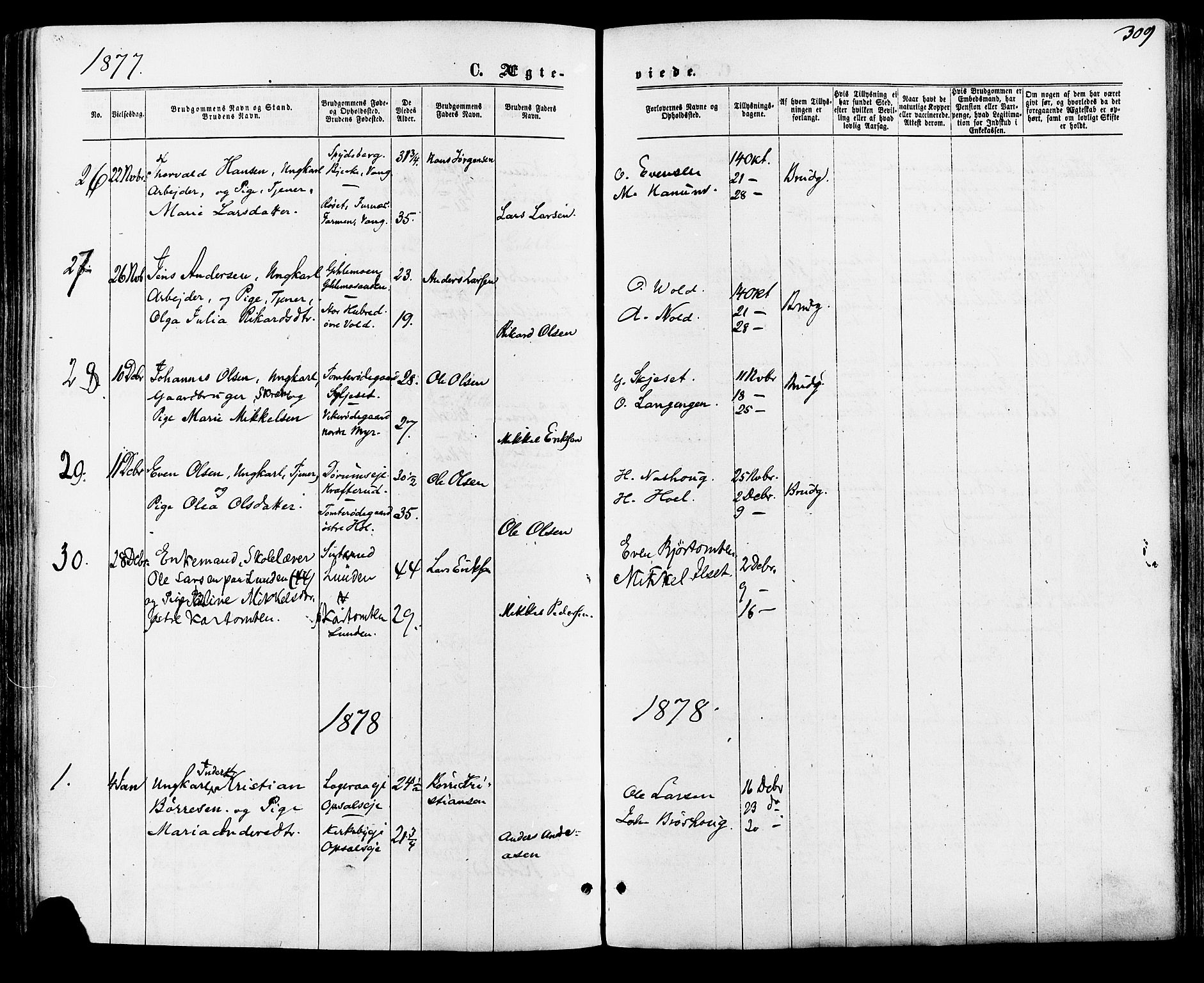 Vang prestekontor, Hedmark, AV/SAH-PREST-008/H/Ha/Haa/L0015: Parish register (official) no. 15, 1871-1885, p. 309