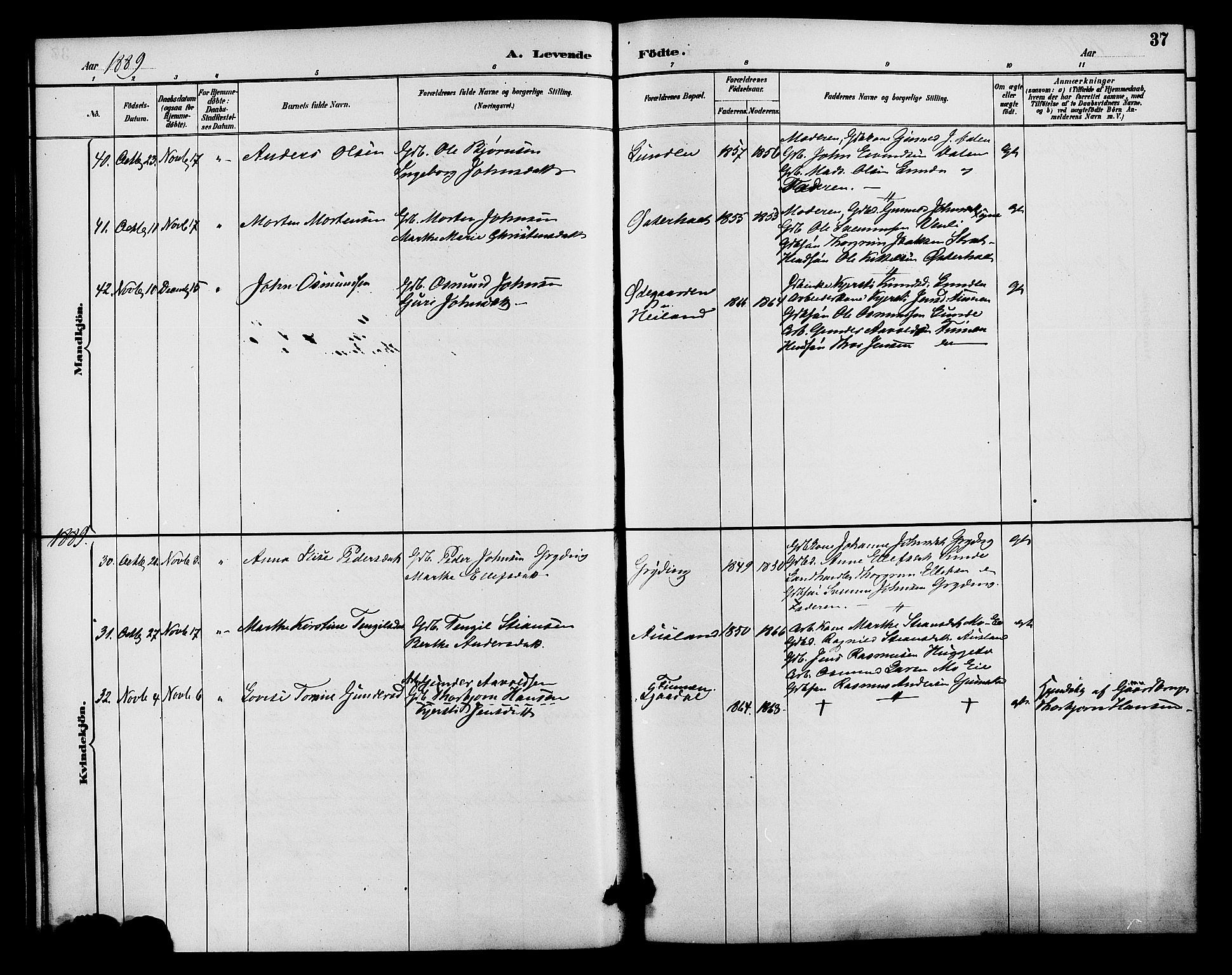 Gjerstad sokneprestkontor, AV/SAK-1111-0014/F/Fa/Faa/L0009: Parish register (official) no. A 9, 1885-1890, p. 37