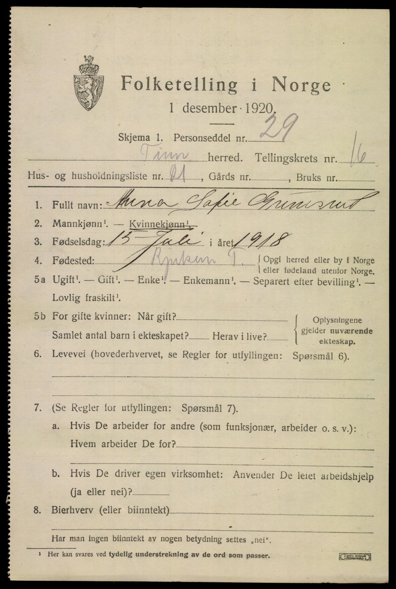 SAKO, 1920 census for Tinn, 1920, p. 16722