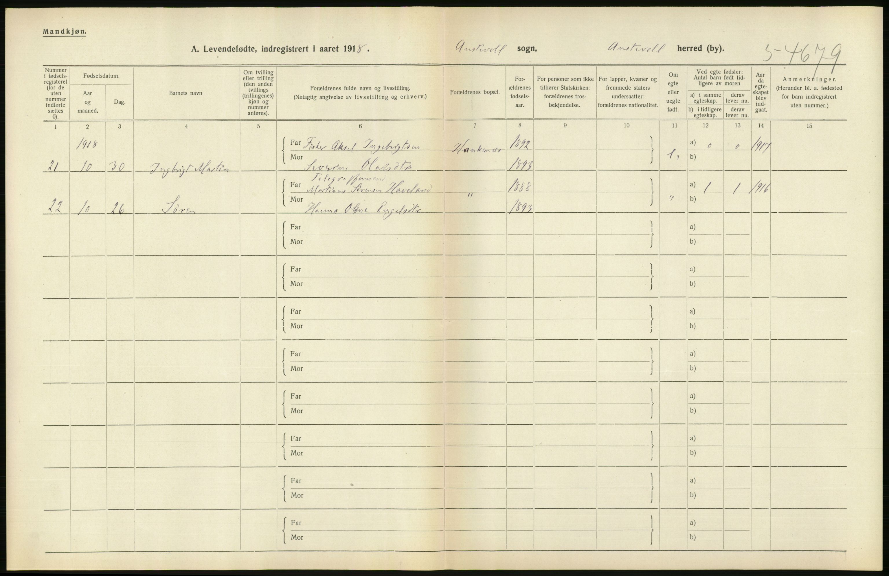 Statistisk sentralbyrå, Sosiodemografiske emner, Befolkning, RA/S-2228/D/Df/Dfb/Dfbh/L0034: Hordaland fylke: Levendefødte menn og kvinner. Bygder., 1918, p. 258