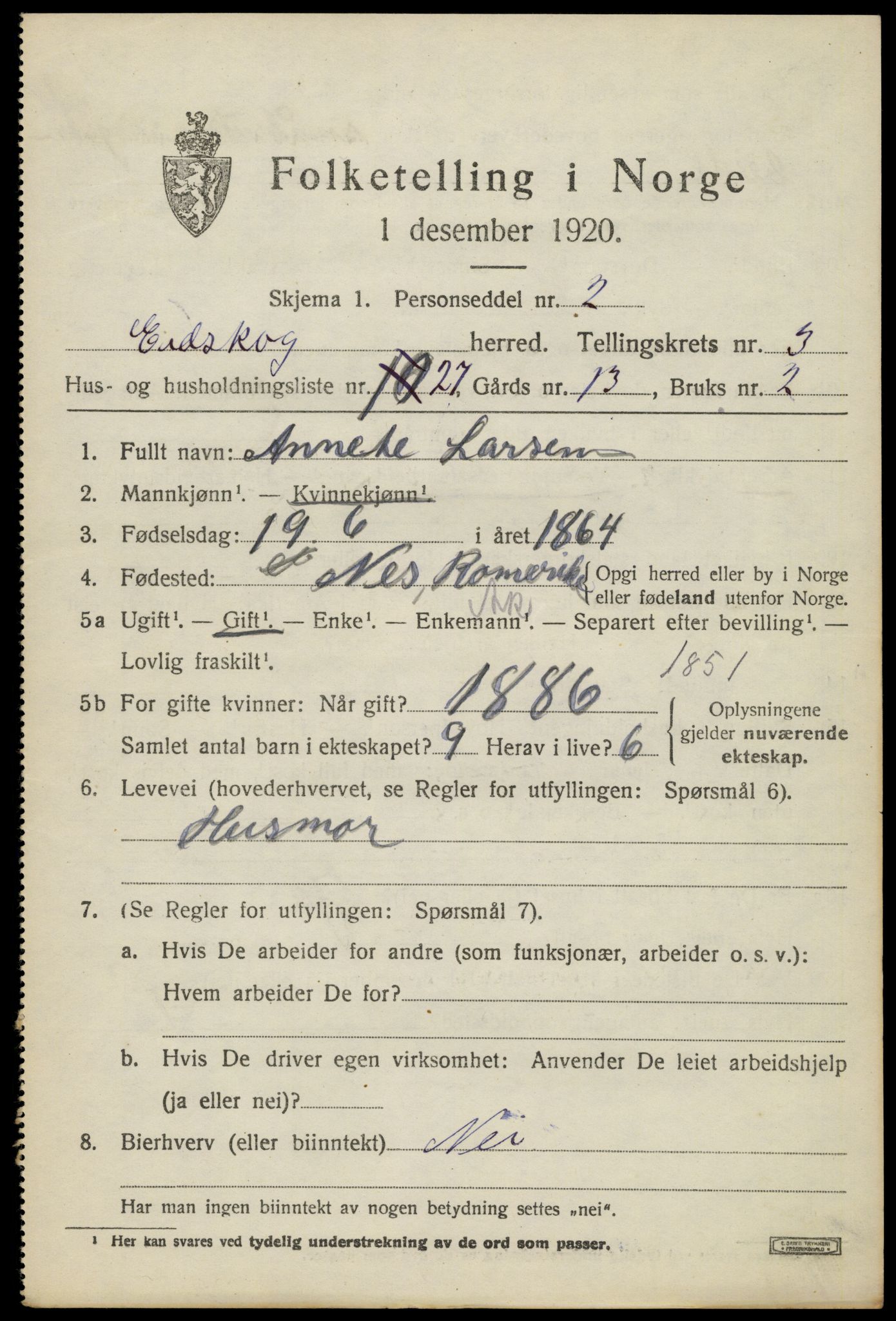 SAH, 1920 census for Eidskog, 1920, p. 4349