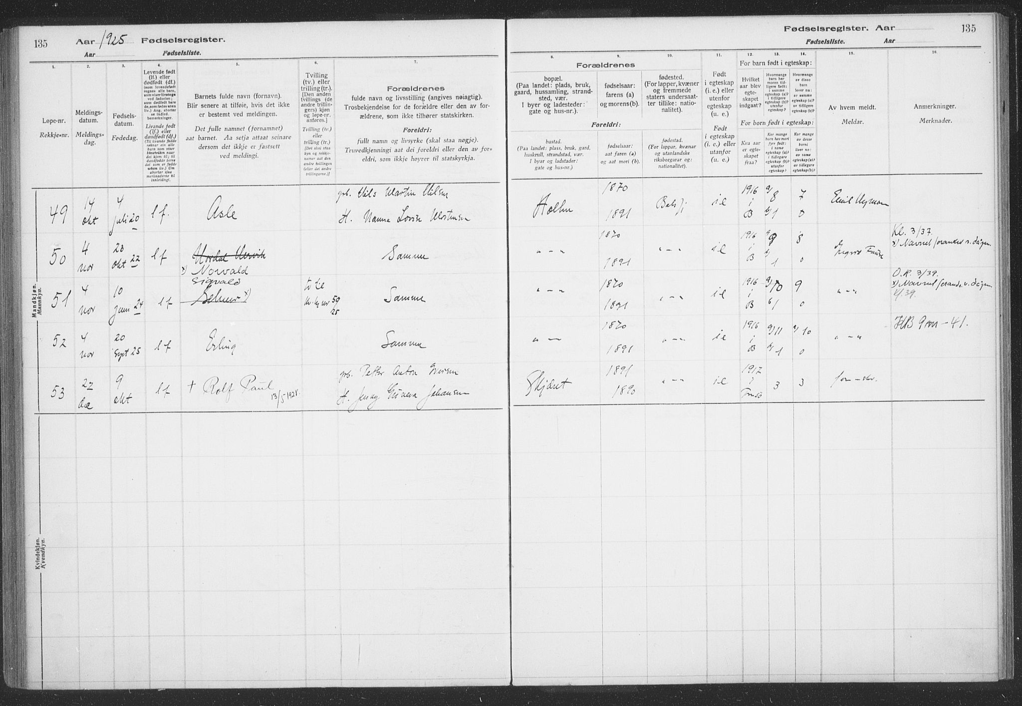 Balsfjord sokneprestembete, SATØ/S-1303/H/Hb/L0059: Birth register no. 59, 1916-1930, p. 135