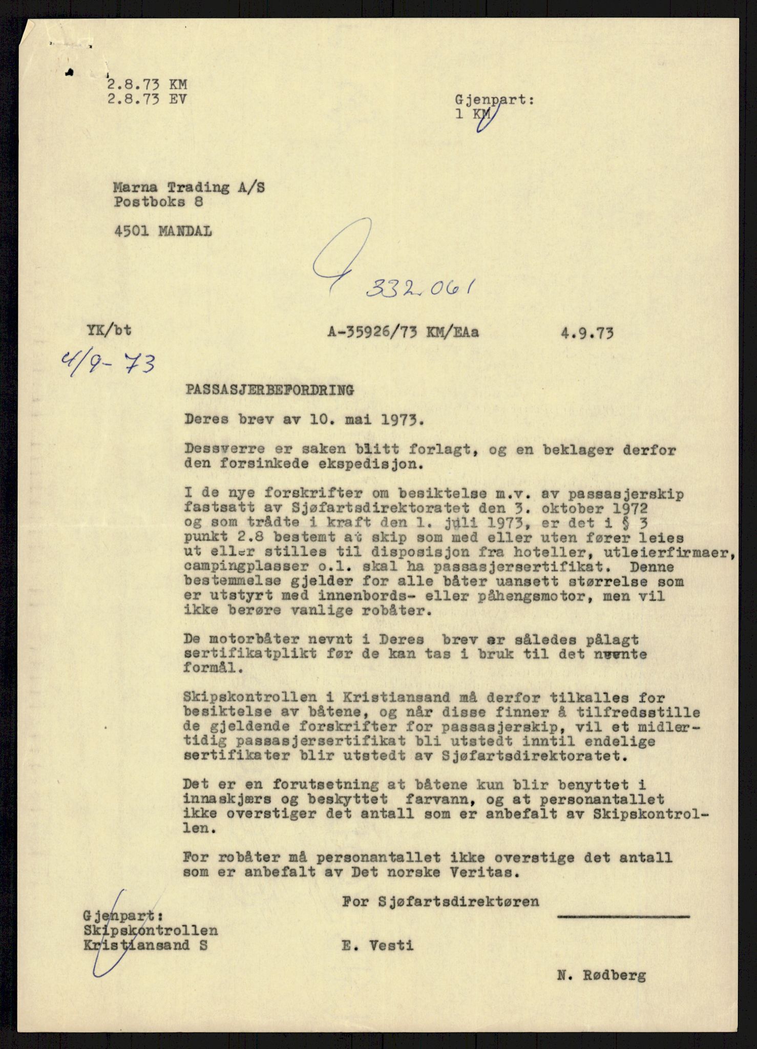 Sjøfartsdirektoratet med forløpere, generelt arkiv, AV/RA-S-1407/D/Du/Duc/L0641/0004: Skipskontrollen - Forskrifter    / Utleiebåter (2 mapper), 1977-1989, p. 311