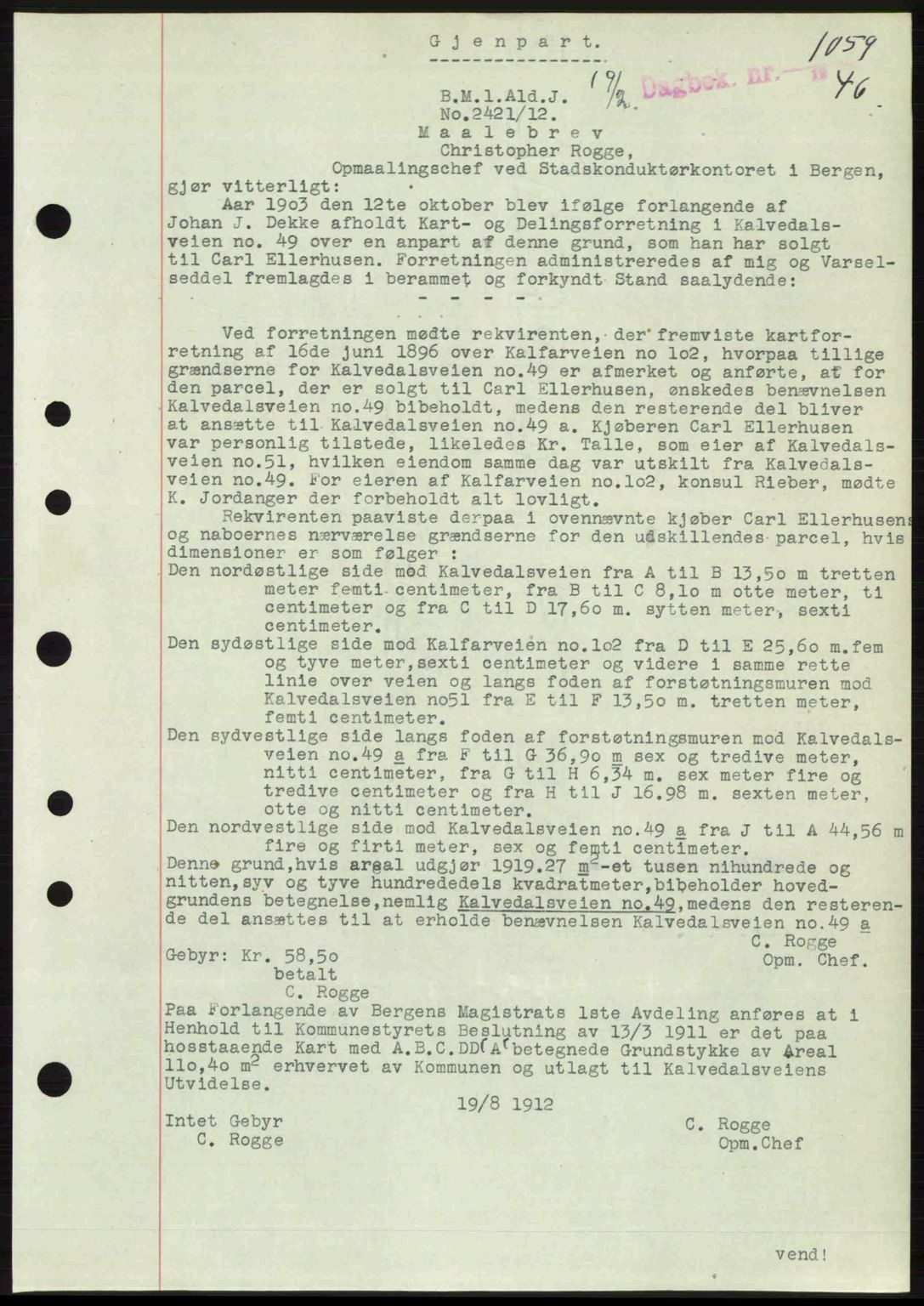 Byfogd og Byskriver i Bergen, AV/SAB-A-3401/03/03Bc/L0022: Mortgage book no. A18, 1946-1946, Diary no: : 1059/1946