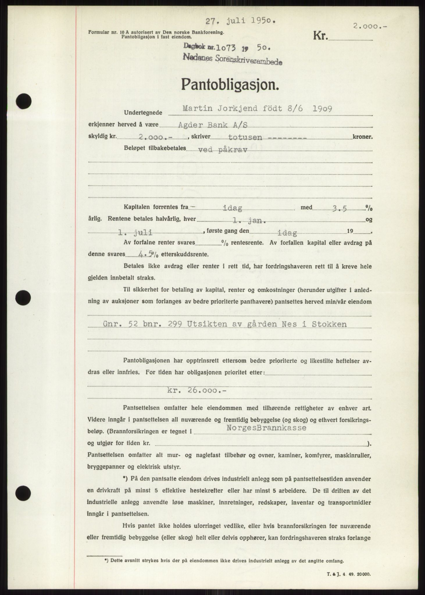 Nedenes sorenskriveri, AV/SAK-1221-0006/G/Gb/Gbb/L0007: Mortgage book no. B7, 1949-1950, Diary no: : 1073/1950