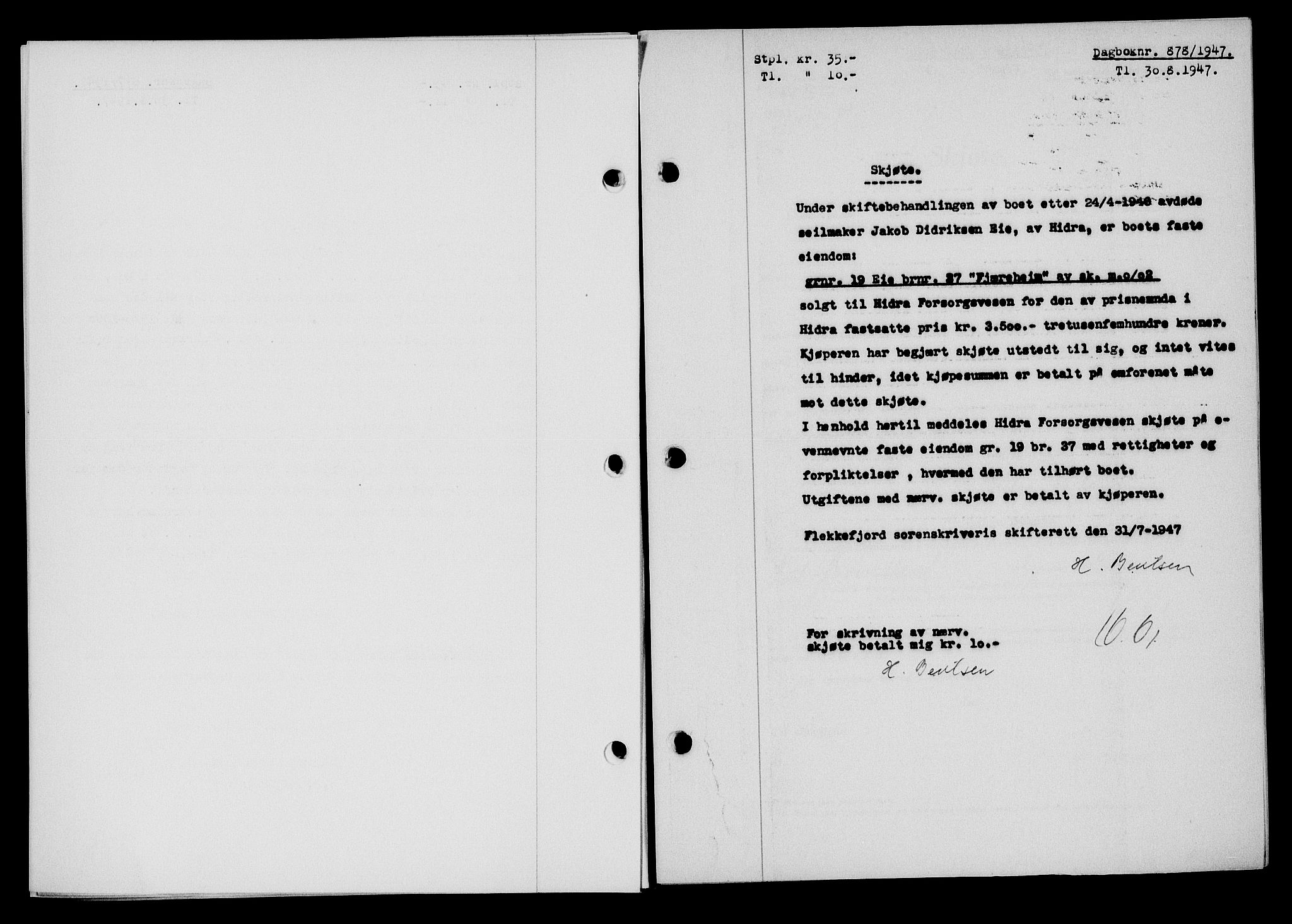 Flekkefjord sorenskriveri, SAK/1221-0001/G/Gb/Gba/L0062: Mortgage book no. A-10, 1947-1947, Diary no: : 878/1947