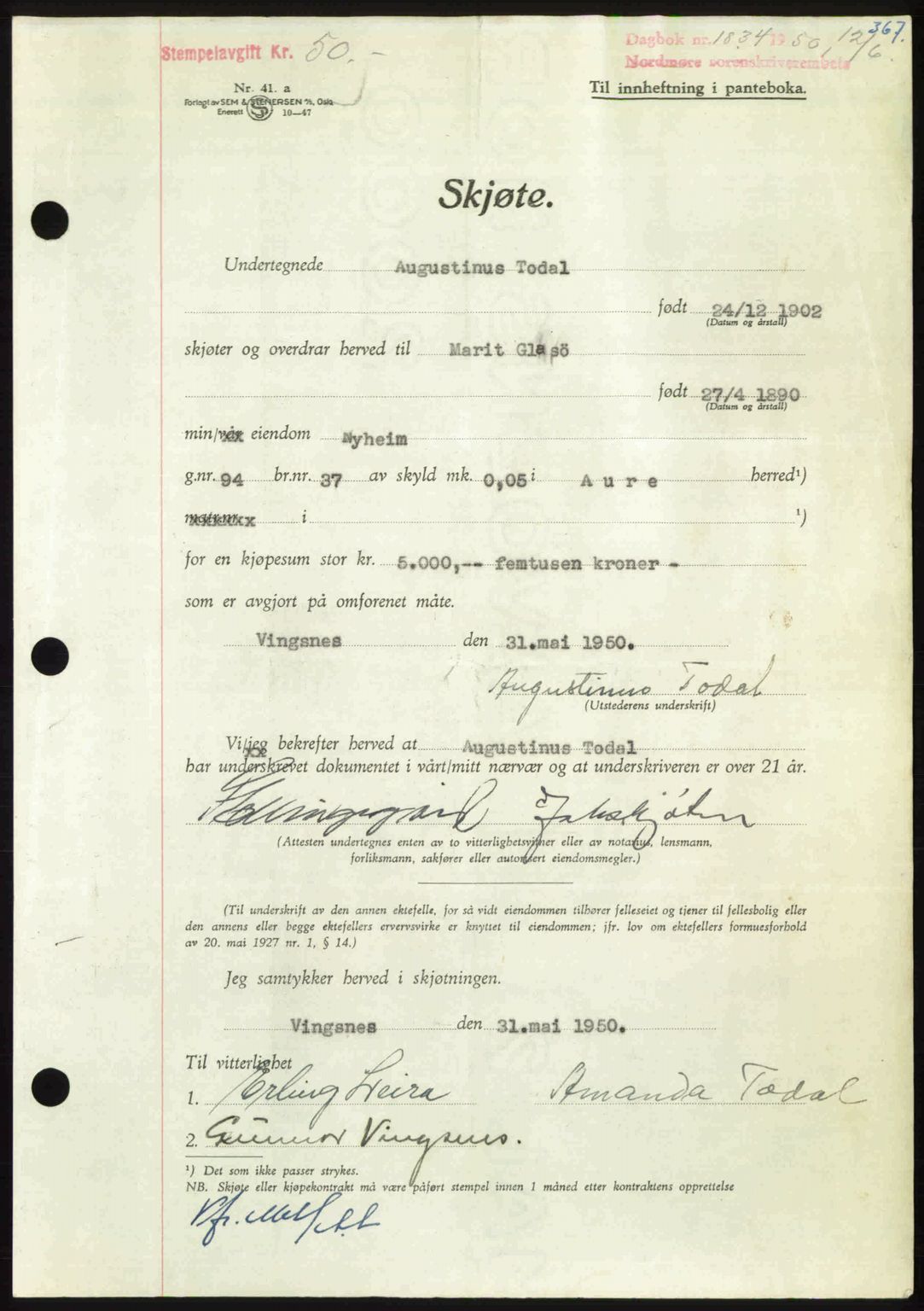 Nordmøre sorenskriveri, AV/SAT-A-4132/1/2/2Ca: Mortgage book no. A115, 1950-1950, Diary no: : 1834/1950