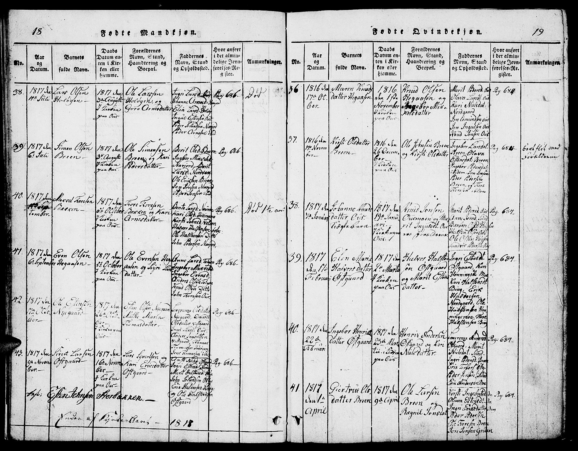 Tolga prestekontor, SAH/PREST-062/L/L0002: Parish register (copy) no. 2, 1815-1844, p. 18-19