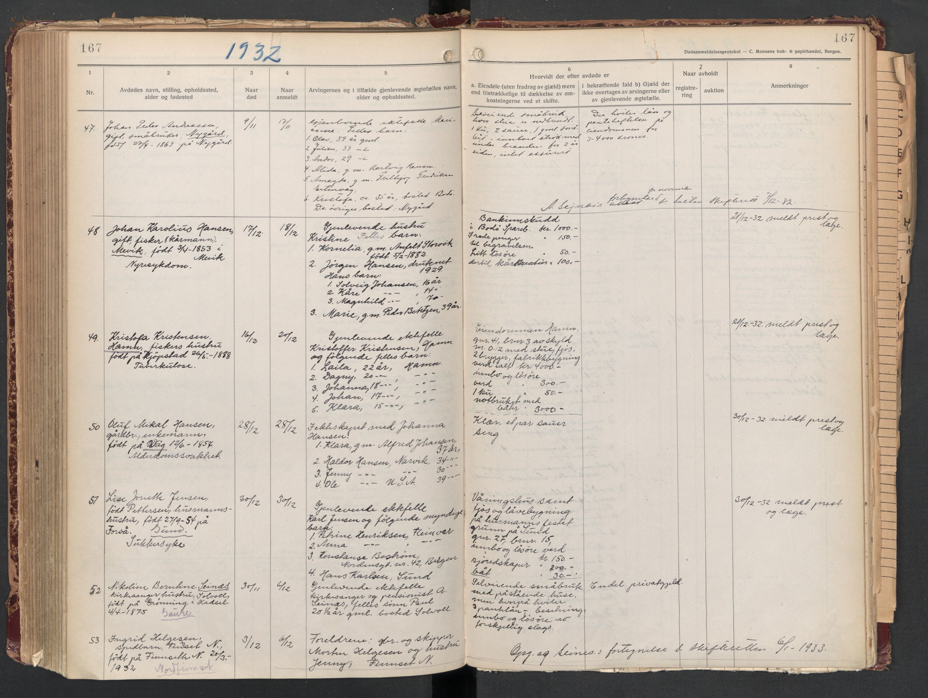 Gildeskål lensmannskontor, AV/SAT-A-4368/1/02/L0008: 2.01.08 - Dødsfallsprotokoll, 1917-1934, p. 167