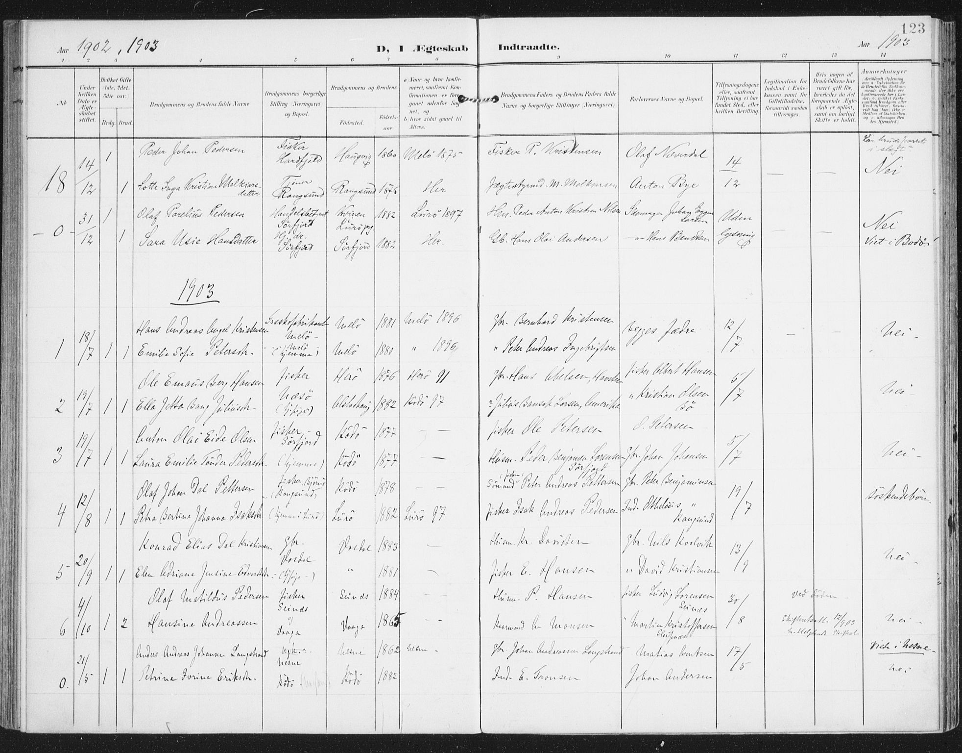 Ministerialprotokoller, klokkerbøker og fødselsregistre - Nordland, AV/SAT-A-1459/841/L0612: Parish register (official) no. 841A15, 1902-1910, p. 123