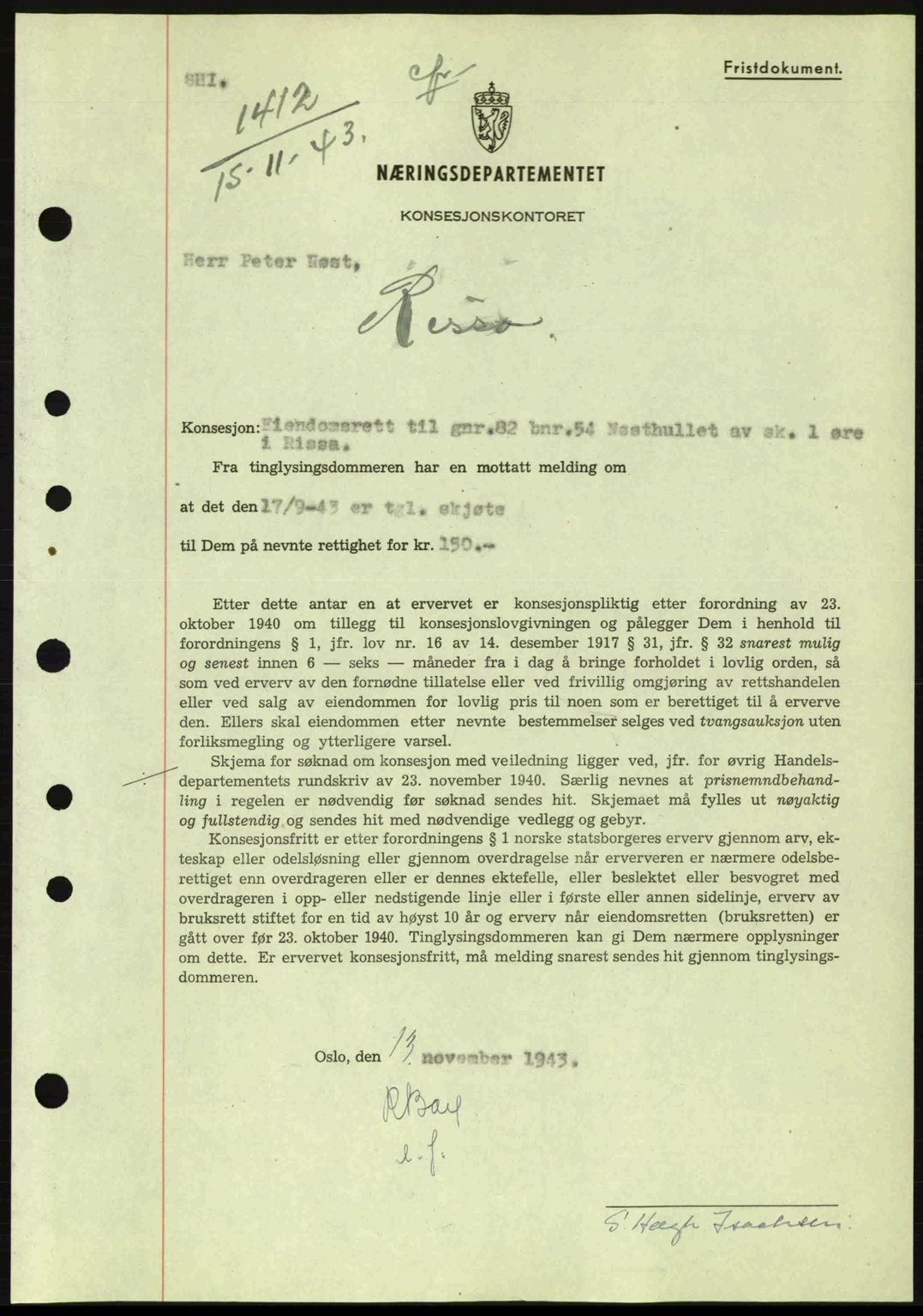 Fosen sorenskriveri, AV/SAT-A-1107/1/2/2C: Mortgage book no. B1, 1943-1945, Diary no: : 1412/1943